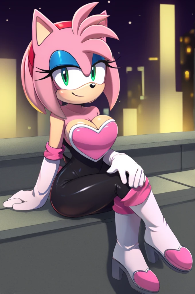 Amy Rose, 1 girl, solo, smile, green eyes, sky, outdoors, cloud, pink hair, night, bare shoulders, animal nose, black rubber bodysuit, pink heart on the bodysuit chest, cleavage, white gloves, white knee-high boots, city background, balcony, standing.