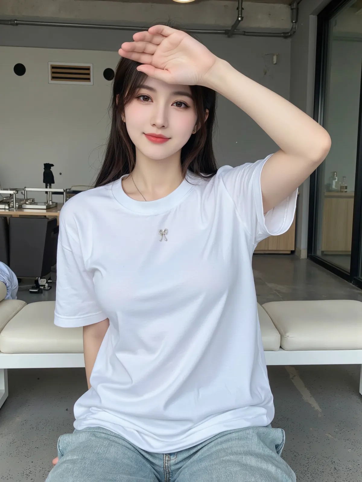 White tight shirt、White tight mini skirt、bed、smile、short sleeve、high resolution、Hallyu Idol Face