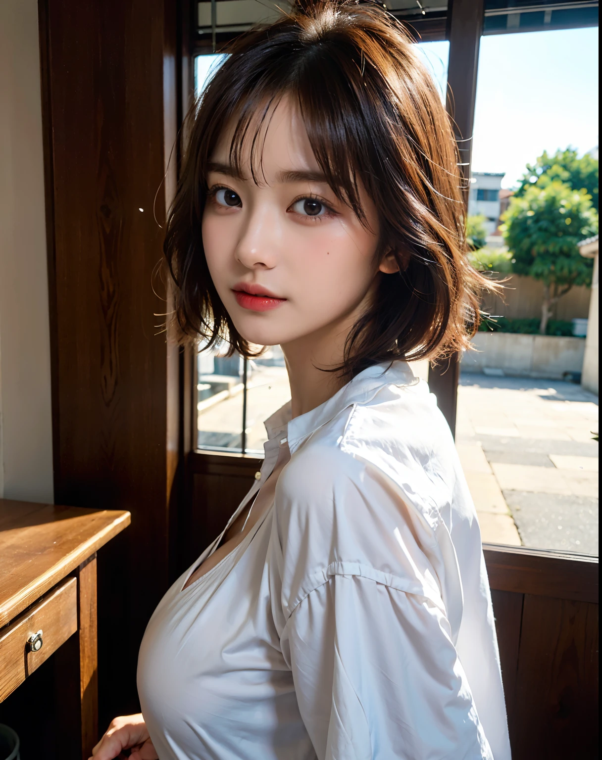 Sexy and hot 30 year old intelligent woman,One person、 ((Dark brown bob cut))、realistic and professional photos、White button-up shirt, belt, Black Skirt, Earrings、necklace、((82cm bust))、Cleavage、In town、noon、