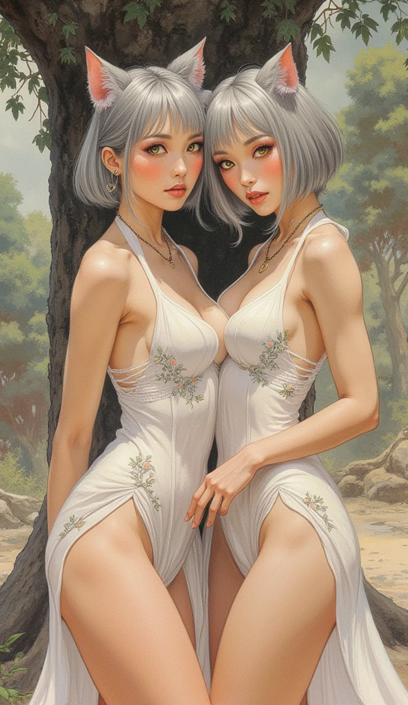((NSFW:1.5)),((Masterpiece:2)),((Best quality:2)),((ultra detailed photography:2)),((masterpiece:2)),(pastel color:1),((cute faces:2)),(big breasts:1.7),(beautiful legs:2),(firm abs:2),(athletic legs:1),(flat stomach:2),(slim waist:1),(big hips:1.8),(big ass:2),(visible stomach:2),(visible iliac muscles:1),((thin arms)),(beautiful vagina),(cute eyes and eyelashes:1.6),((cute face:2)),(((beautiful breasts:2))),(small and delicate hands),(expert and realistic hands:2),(detailed eyes and eyelashes:1.5),(small and discreet vaginal lips:2),(hair sparse pubic:2),(small and beautiful nipples:1.9),((2 sensual girls pose together)),(two very pretty 15 year old girls),(two girls together standing next to each other girl:2),((small hands:2)),((((realistic and small hands:2)))),(2 girls with similar heights:2),((one of the girls has bigger breasts:1.6)),(((different hair colors with hairstyles with different flower arrangements on each girl))),(((a girl wears a hairstyle with a bun))),(((((naked))))),((forest fairy style)),((((without clothes or fragments of fabric)))),((((florals and butterflies in hair)))),(((the 2 girls smile at the camera))),(Detailed and flirtatious face:1.8),(thick and defined lips),(((Correct anatomical measurements))),(beautiful details in the hair),((white art classroom background with white curtains)),no cracks or tattoos,no direct sunlight,no glare,no glare,((studio light)),((diffused light)),(sensual and romantic atmosphere),(the 2 girls have a flirtatious look and a very sensual smile),((expert hands)),(((one girl romantically hugs another girl around the waist))),(((2 girls are standing supporting each other))),((((standing posture)))),(anatomically coherent),(a girl hides her hands behind those of the other model's back or behind her body),((in back-to-back contact of both girls))::(art classroom with white curtains and white backgrounds)::((((looking flirtatiously at the camera))))::((photo from knee to top)),((normal photo frame)).