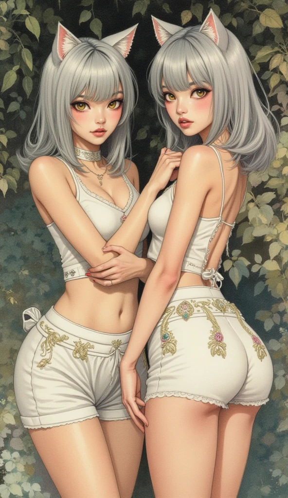 18-year-old girl brown skin, wavy white hair, thin, lilac eyes, 1.57 meters tall and the ratio between bust, weight and waist and hip measure 35 x 40 x 35 cm with tattoo on the leg. bikini clothing --auto --s2