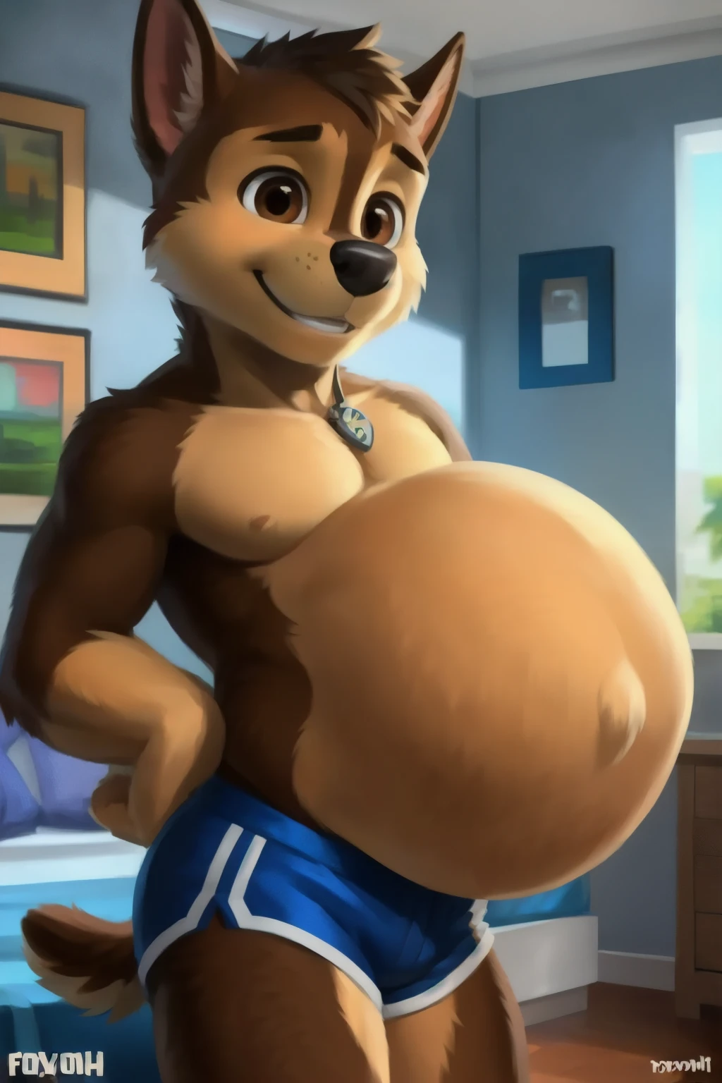 Mr Peanutbutter, golden_retriever, yellow fur, high res, masterpiece, belly, fat, overweight male, weight gain, obese, stuffed, chubby belly, large, naked, massive penis, dick, male genitals, cock , erection, cum, bedroom, standing up, facing viewer, suggestive, nsfw, sexy, hairy, detailed, ruffled fur, tuft, daddy, bojack_horseman, open mouth, best quality,