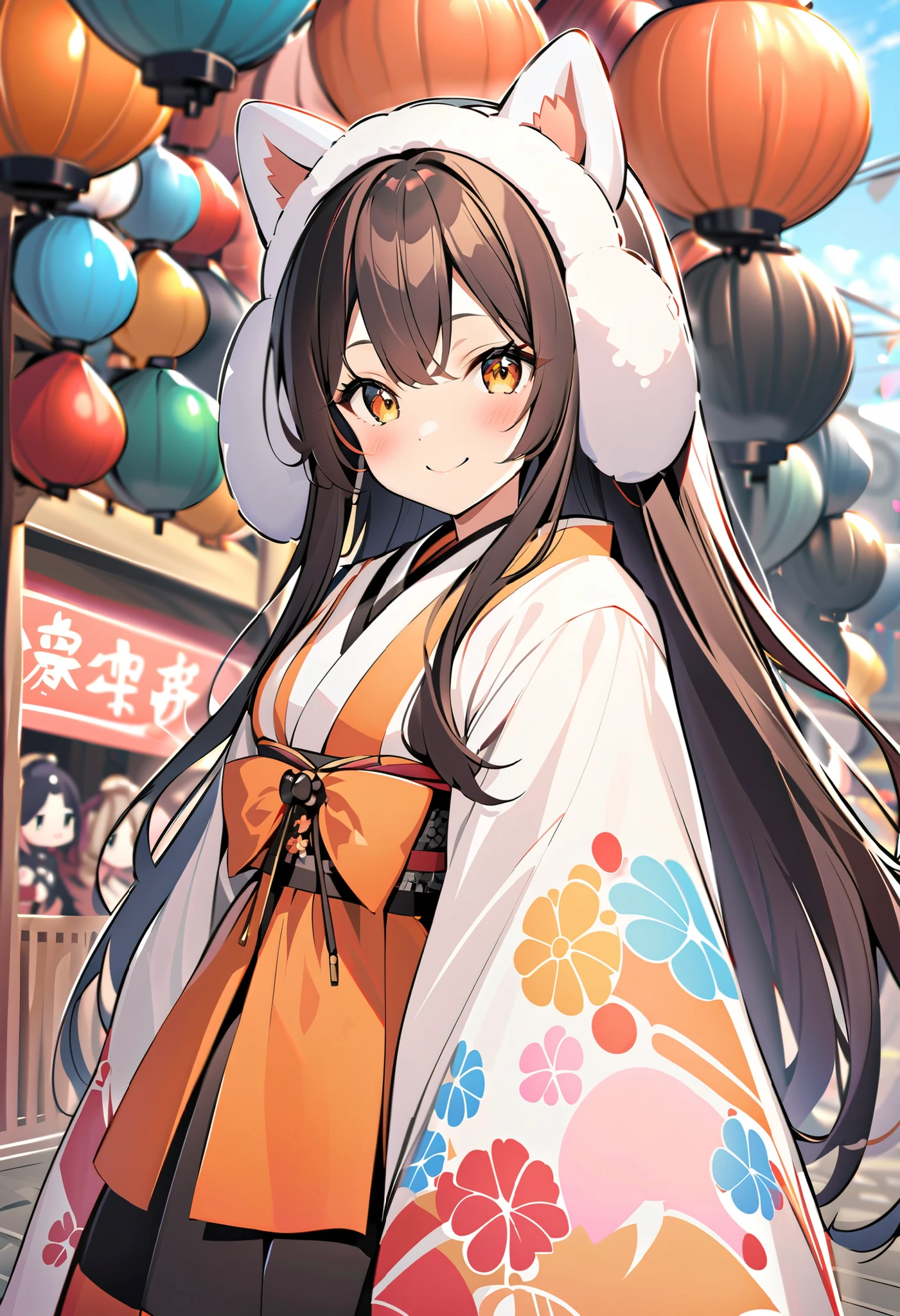 winter,smile, girl with dog ears , Japan, White Ear, doll' s festival,ひなdoll,Twelve-layered robe,Big droopy hair