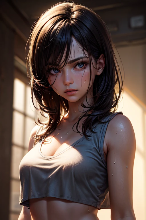 (RAW photo, 4K, masterpiece, High resolution, very complicated) (realistic: 1.4), cinematic lighting, 1 girl, focus only, Summer Day, hot, 1990s (style), denim lens, indoor, Short sleeve T-shirt