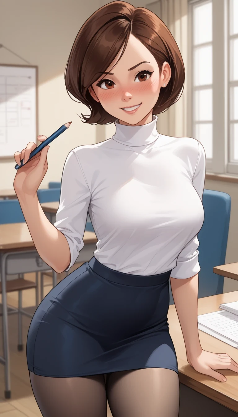  score_9,  score_8_up,  score_7_up,  source_  anime、 best quality、8k、 masterpiece、 super high resolution、 professional lighting、 natural light、 PERFECTIVE ANATOMY、 one woman、saggy breasts:1.5、(Erastigirl、 Helen Parr )、 cute face、 embarrassed face、smile、 blushes、(( high neck rib knit、 pencil skirt、 pantyhose))、 stand and pose