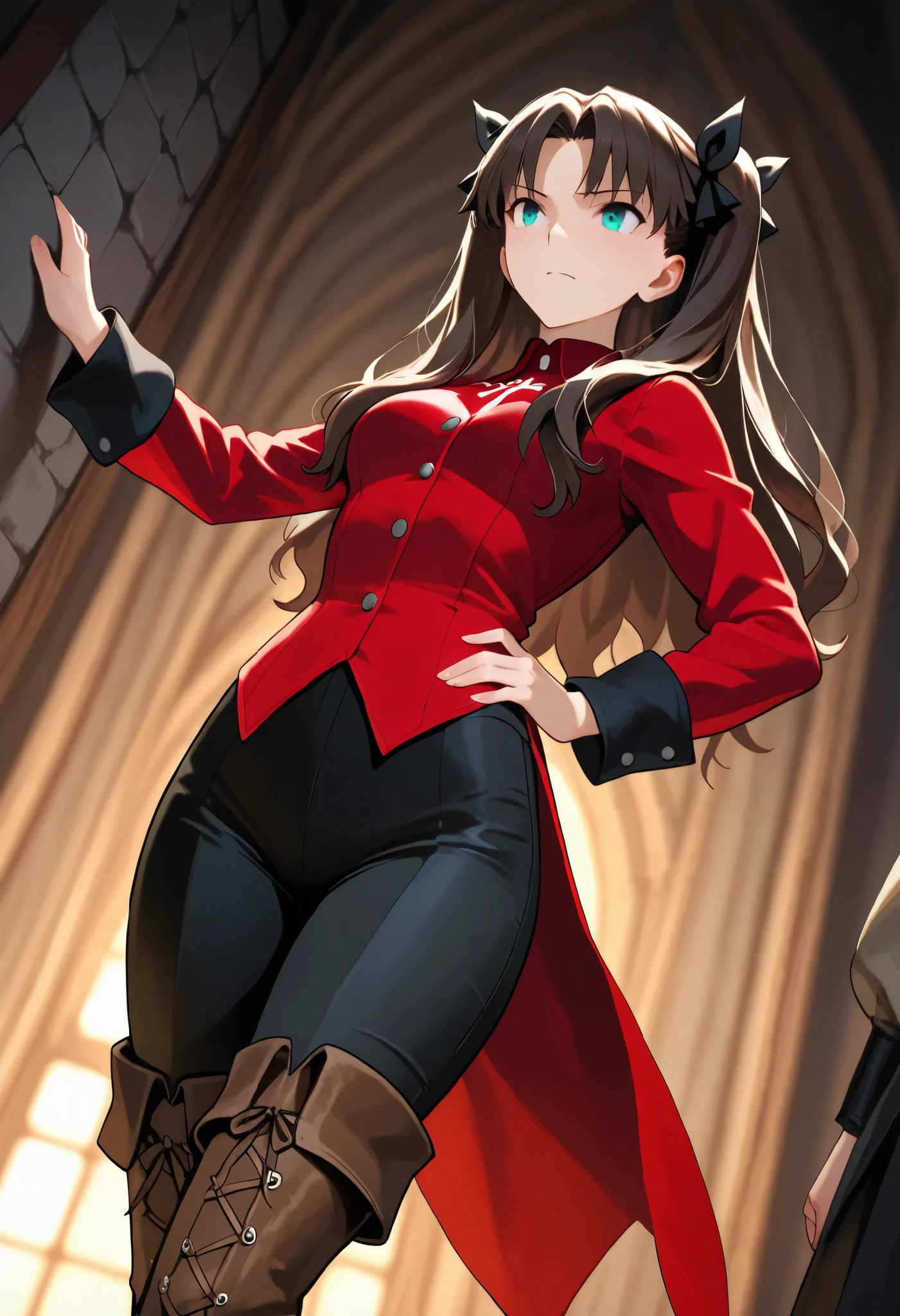 Tohsaka Rin, in a castle, medieval magician, medieval advanturer, red top, black pants, black thigh pants, beown boots, brown thigh boots, fantasy advanturer outfit, elegant, dominant, dutch angle, cowboy shot, perfect eyes, perfect body
