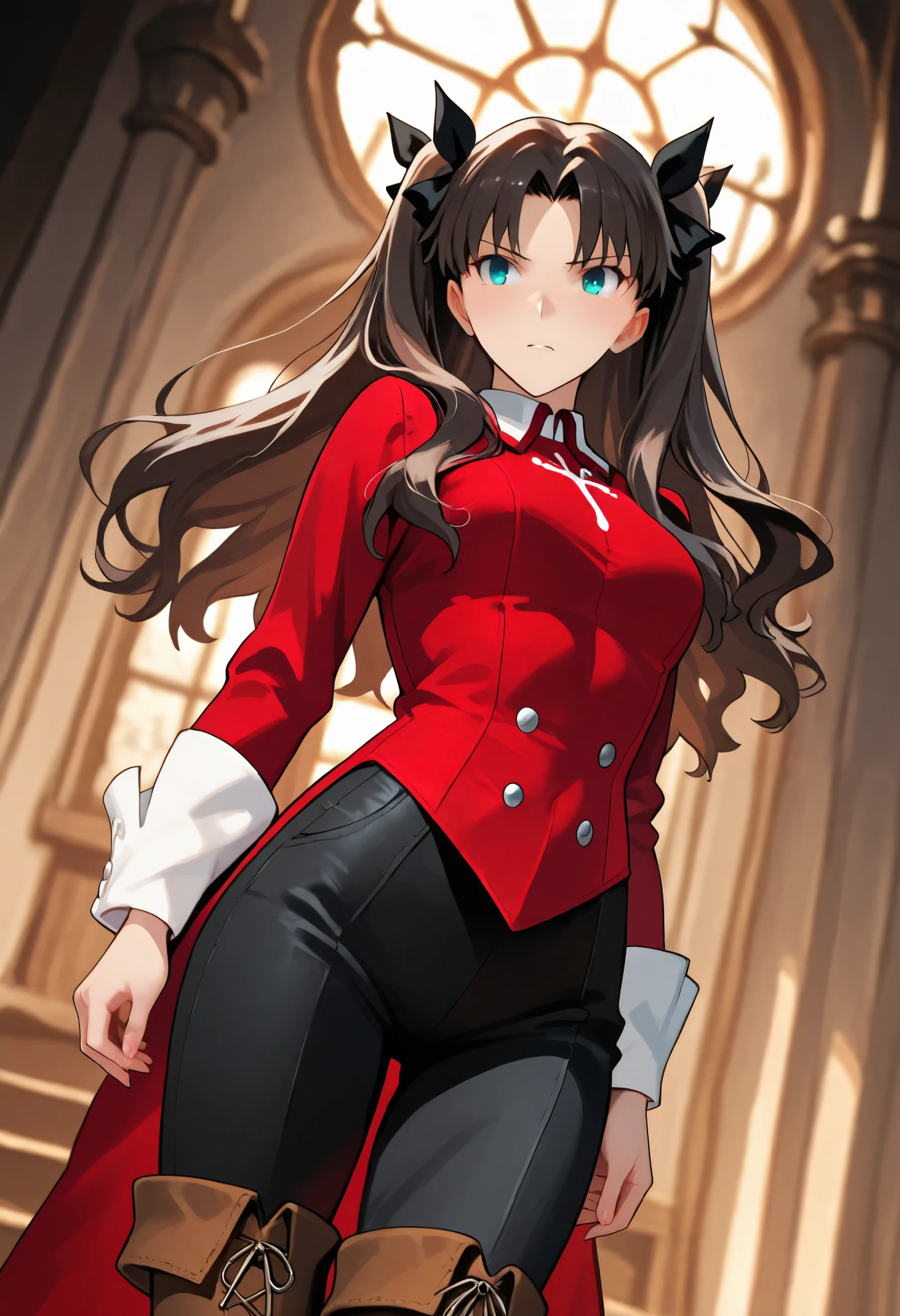 Tohsaka Rin, in a castle, medieval magician, medieval advanturer, red top, black pants, black thigh pants, beown boots, brown thigh boots, fantasy advanturer outfit, elegant, dominant, dutch angle, cowboy shot, perfect eyes, perfect body