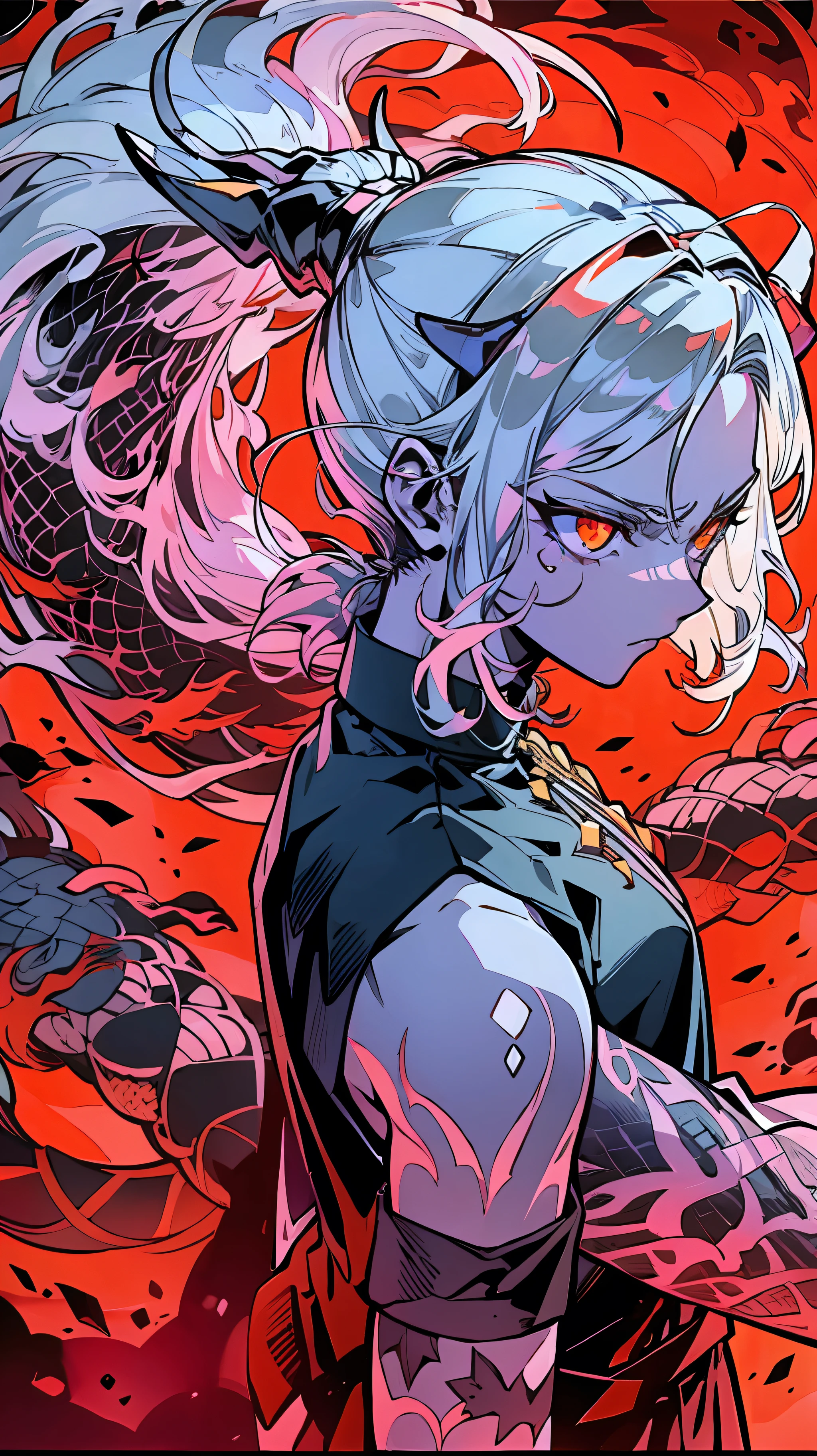 Anime magazine featuring tattoos, shoujo, silver-white hair, midi hair, droopy curls, three-dimensional and delicate facial features, reflections in the eyes, wearing a suspender suit, dragon tattoo on the arm, head down, crimson bright eyes, fierce and fierce, bad boy, riffraff, red and black background, manga art style, modern style, mobile wallpaper, 85mm, from the side, character table, projection illustration, mixed