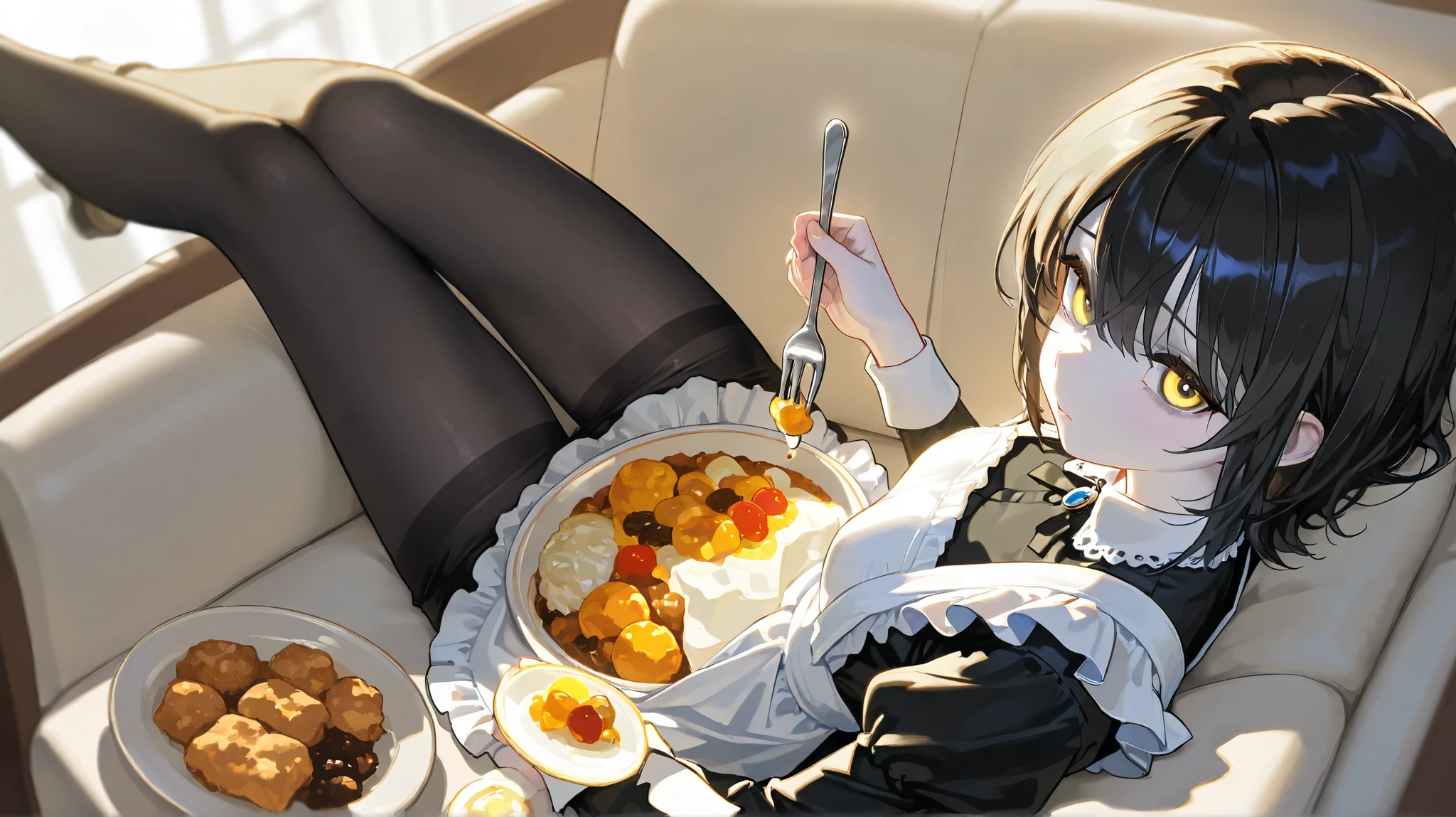 One girl、Highest quality, Masterpiece, super detailed, high details, high quality, I arranged the , Food perspective, meal, hold the fork with your right hand, sweets, short hair , eats, A single, shy yet beautiful girl with long, sleek black hair and striking yellow eyes, staring directly into the camera with an intense yet reserved expression. She wears a classic black maid outfit with delicate lace details, a frilly apron, and a modest yet elegant design. Her legs are covered in sheer black tights, adding to her refined yet melancholic aesthetic. Dark circles under her eyes reveal her exhaustion, giving her a vulnerable and fragile look. The dimly lit background enhances her mysterious and introverted presence, with soft lighting casting subtle shadows on her pale skin. The overall atmosphere is quiet, melancholic, and introspective, capturing the essence of a withdrawn yet captivating beauty.