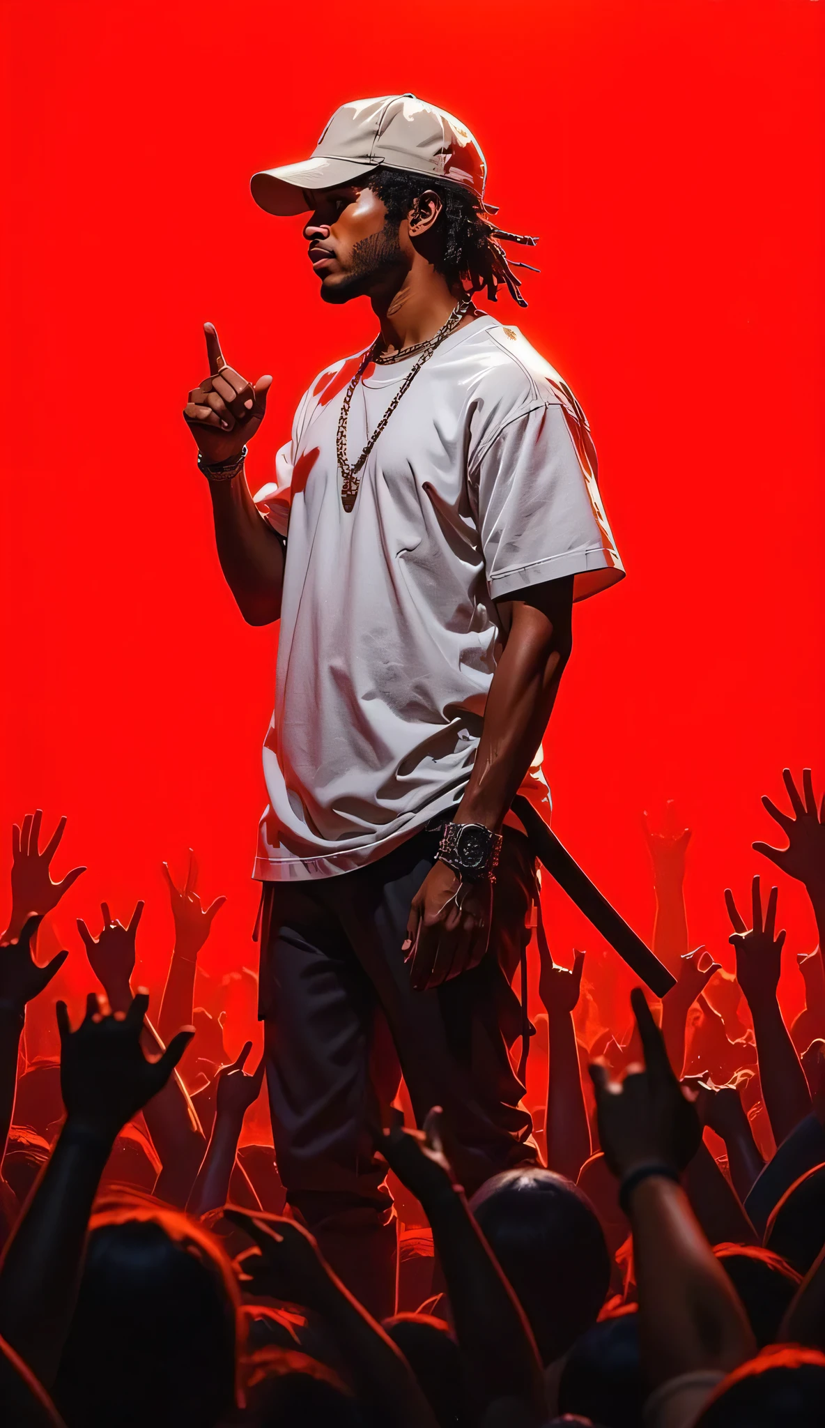 an astronaut with samurai aesthetics. white astronaut suit with samurai armor design. hyperrealistic oil painting depicting a young man with dark skin performing on a stage bathed in a bright red light. His pose is slightly off-center, angled left, right arm raised, left arm bent as if holding a microphone. He wears a light-colored t-shirt and dark pants, a baseball cap perched on his head. The stage is a solid, bright red, contrasting sharply with the black silhouettes of the enthusiastic crowd, visible only as a mass of raised arms and heads. The lighting is intensely focused on the performer, creating a dramatic, high-contrast scene. The man's features are rendered with meticulous detail, showcasing the texture of his skin and clothing.