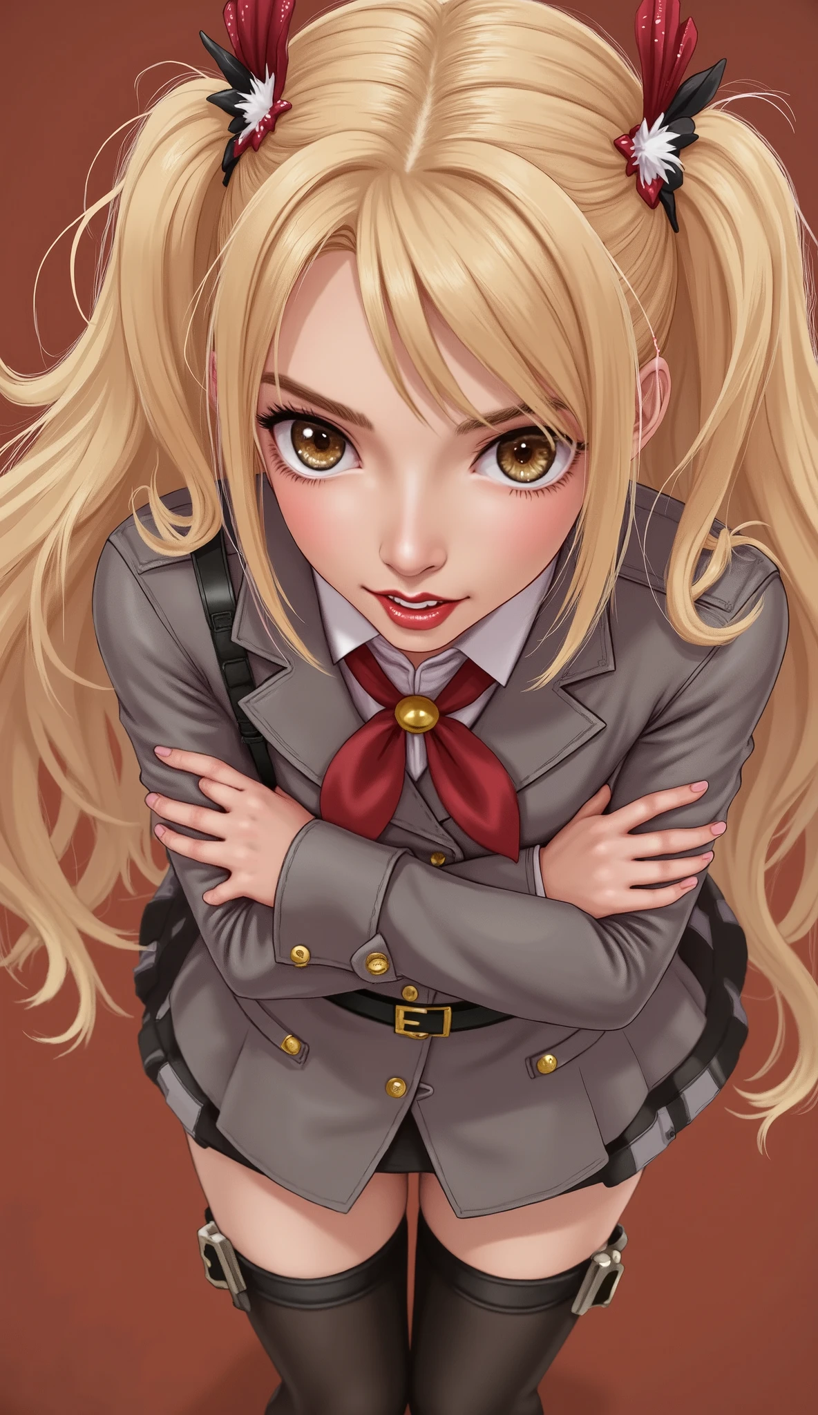 (masterpiece, best quality:1.2), cowboy shot, solo, 1girl, alicia melchiott, smile, looking at viewer, crossed arms, twintails, headdress, military uniform, necktie, thighhighs