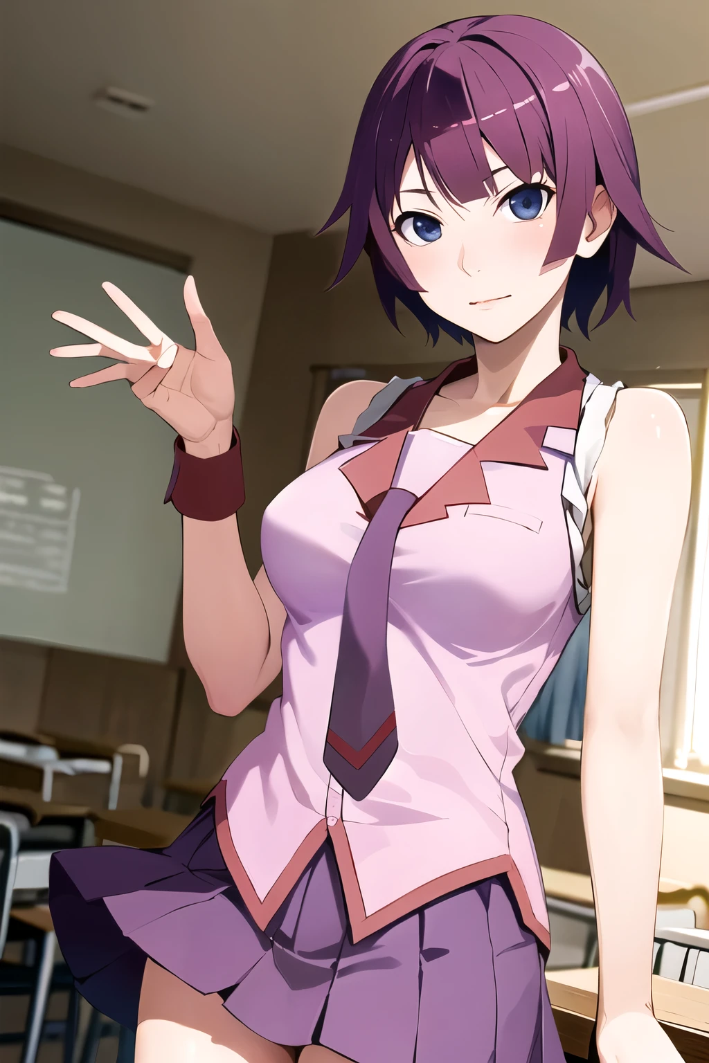 (masterpiece), (best quality), (senjougahara hitagi), short hair, sleeveless, necktie, school uniform, pleated skirt, black thighhighs, pink shirt, cowboy shot, classroom