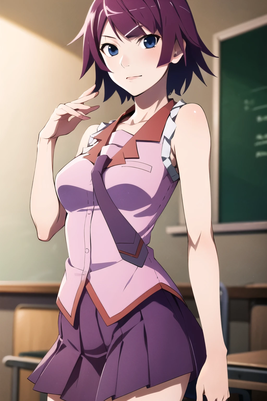 (masterpiece), (best quality), (senjougahara hitagi), short hair, sleeveless, necktie, school uniform, pleated skirt, black thighhighs, pink shirt, cowboy shot, classroom