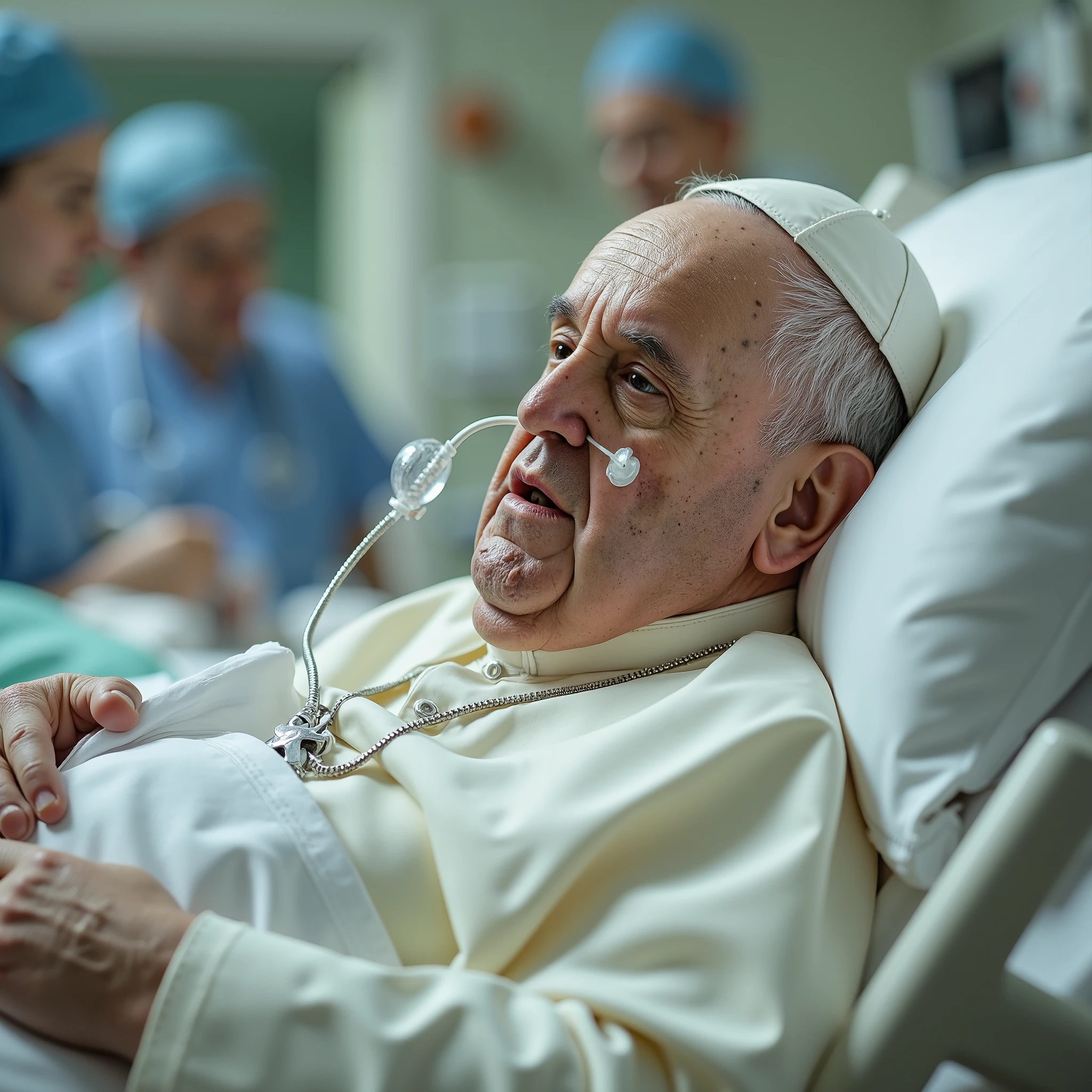 very old and wise (popefluxlora) Pope Francis /( chubby and swollen due to water retention)/, respirator on the face and mouth for breathing, small tubes in the nose, laying on a bed in an hospital room with drip inserted into arm. bloated and puffy, ill and weak. (old Pope), (busy and worried doctors in blur background). Photorealistic and detailed shot, wide-angle.