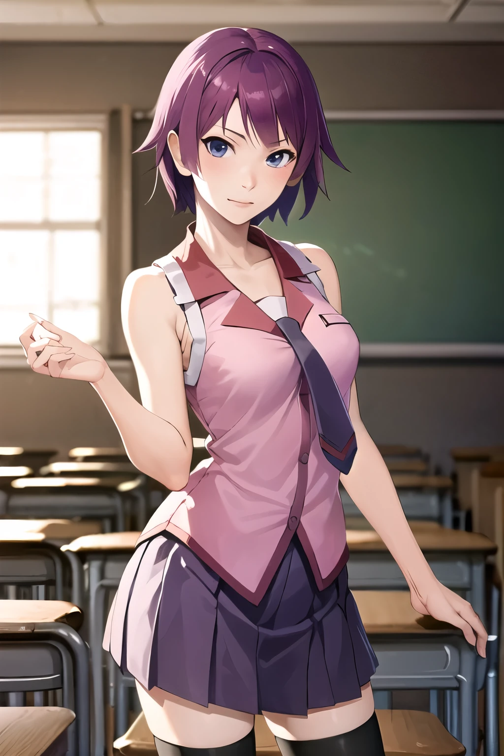 (masterpiece), (best quality), (senjougahara hitagi), short hair, sleeveless, necktie, school uniform, pleated skirt, black thighhighs, pink shirt, cowboy shot, classroom