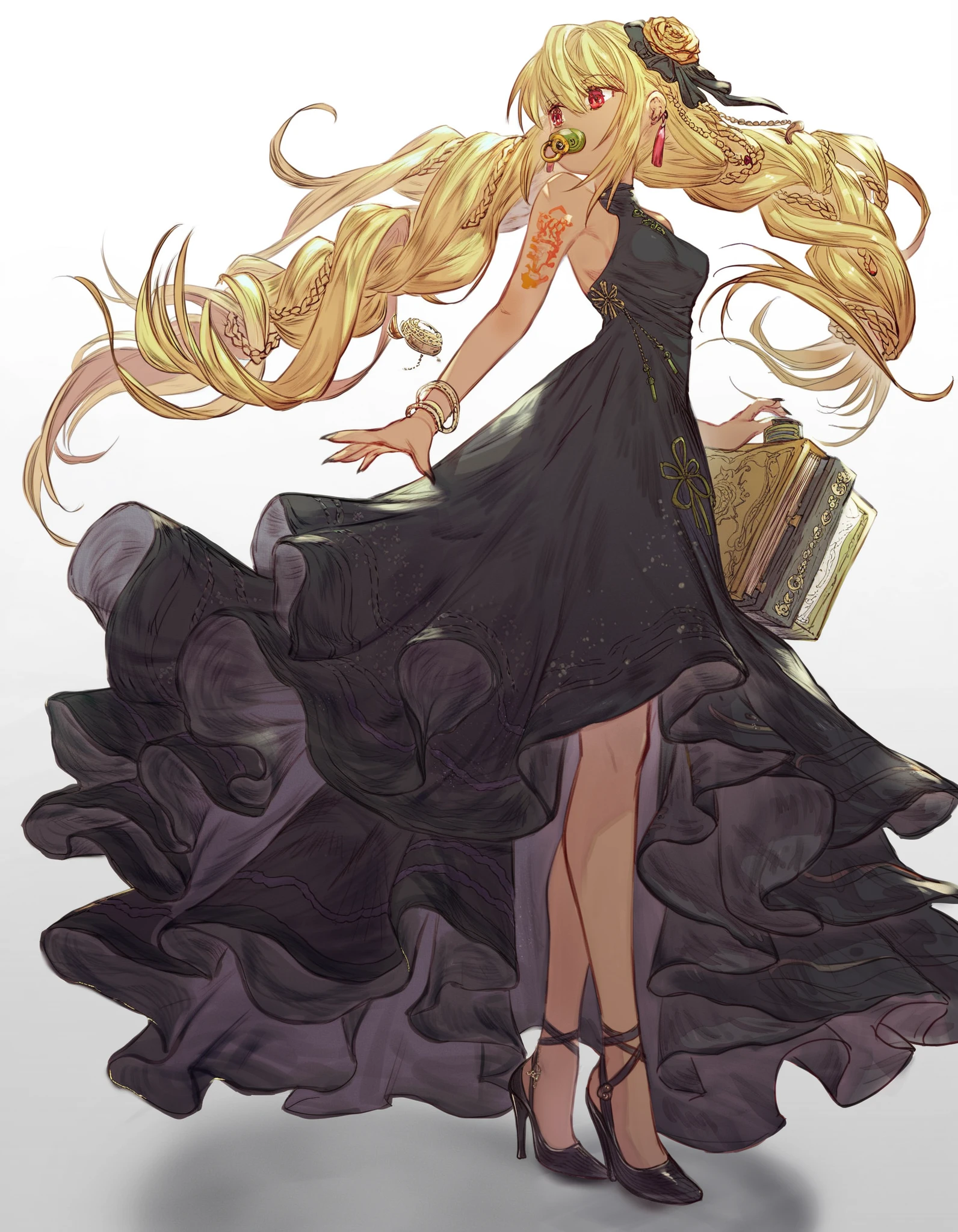 Spray gun \(medium\), break ( white background, stands,whole body, high heels:1.7),, Glossy skin, night, moon, Black dress , Full back dress, Golden ornament , Arm Tattoo , hair accessories, Profile picture , 碧藍fantasy_fantasy, _Books_Shalem , dark skin , Blonde Hair, long hair, braid, red eyes, Pacifier ,