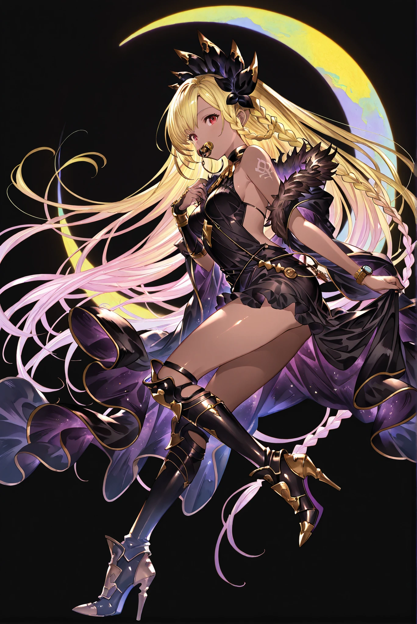 ( stands,whole body, high heels:1.7),HoleHeels,oval/Circle/Thorn/Horn Heels,armored [Boots, [Boots, Panarmour, leg brace , fur trim, , Limited Color Palette, Black Background ,Colorful, vivid colors ,Flashing silhouette ,neon,black light ,watch, Masterpiece, very beautiful ,, shiny skin, night, moon, black dress, backless dress, golden ornaments, arm tattoo, , Granblue_ fantasy, Helel_Ben_Shalem, dark skin, Blonde, long hair, braid, red eyes, pacifier,