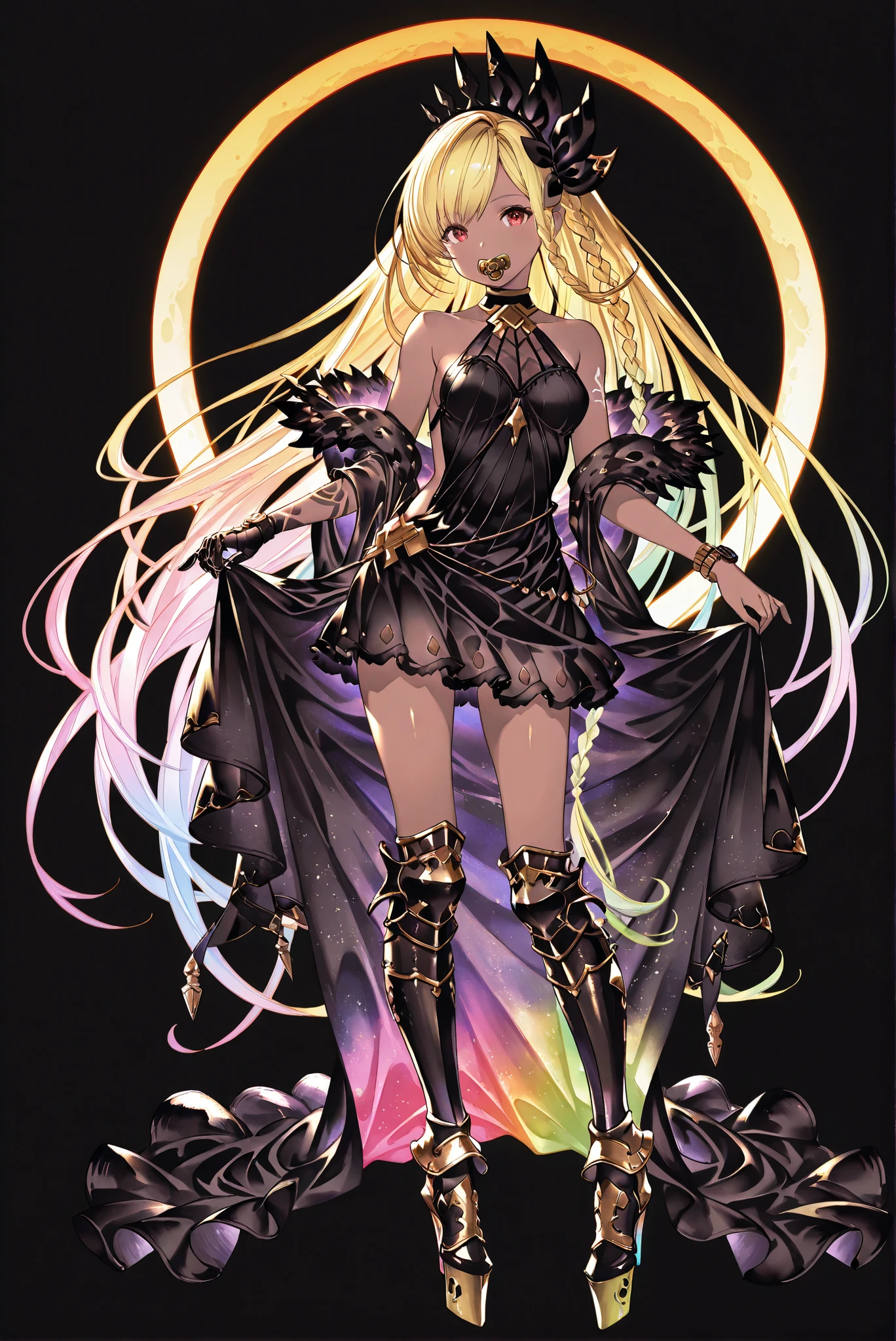 （ stands，whole body， high heels， front view，Standing picture:1.7)，HoleHeels，oval/Circle/Thorn/Horn Heels，armored [Boots, [Boots, Panarmour,  leg brace , fur trim,    , Limited Color Palette, Black Background ,Colorful, vivid colors ,Flashing silhouette ,neon,black light ,watch,  Masterpiece,  very beautiful ,, shiny skin, night, moon, black dress, backless dress, golden ornaments, arm tattoo, , Granblue_ fantasy, Helel_Ben_Shalem, dark skin, Blonde, long hair, braid, red eyes, pacifier,