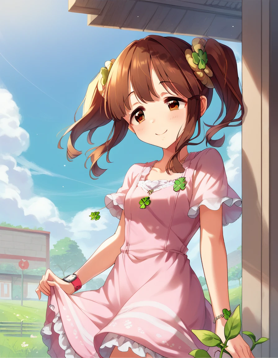 1 Girl, brown hair, Brown eyes, blush, , frilled dress, Frills, pink dress, No sleeve, No sleeve dress, Bare shoulders, blush, dress, print dress, flower柄, Hair Ribbon, Pink ribbon, Twin tails, Sandals, Pink Shoes, Open your mouth, smile, alone, Watching the audience, Are standing, Day, Field, flower, flower Field, Outdoor,(skirt lift,no panties,pussy,nsfw)