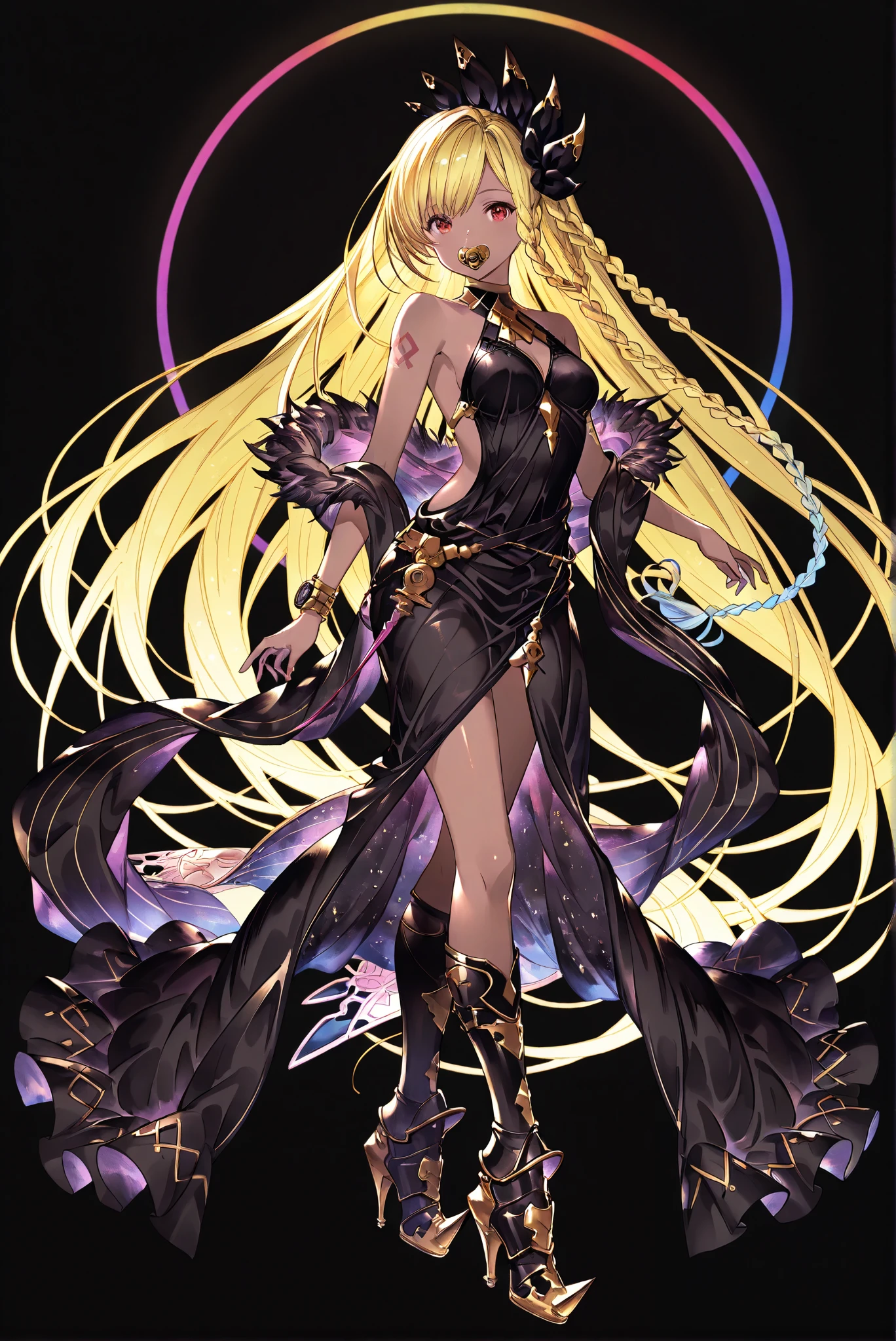 （ stands，whole body， high heels， front view，Standing picture:1.7)，HoleHeels，oval/Circle/Thorn/Horn Heels，armored [Boots, [Boots, Panarmour,  leg brace , fur trim,    , Limited Color Palette, Black Background ,Colorful, vivid colors ,Flashing silhouette ,neon,black light ,watch,  Masterpiece,  very beautiful ,, shiny skin, black dress, backless dress, golden ornaments, arm tattoo, , Granblue_ fantasy, Helel_Ben_Shalem, dark skin, Blonde, long hair, braid, red eyes, pacifier,
