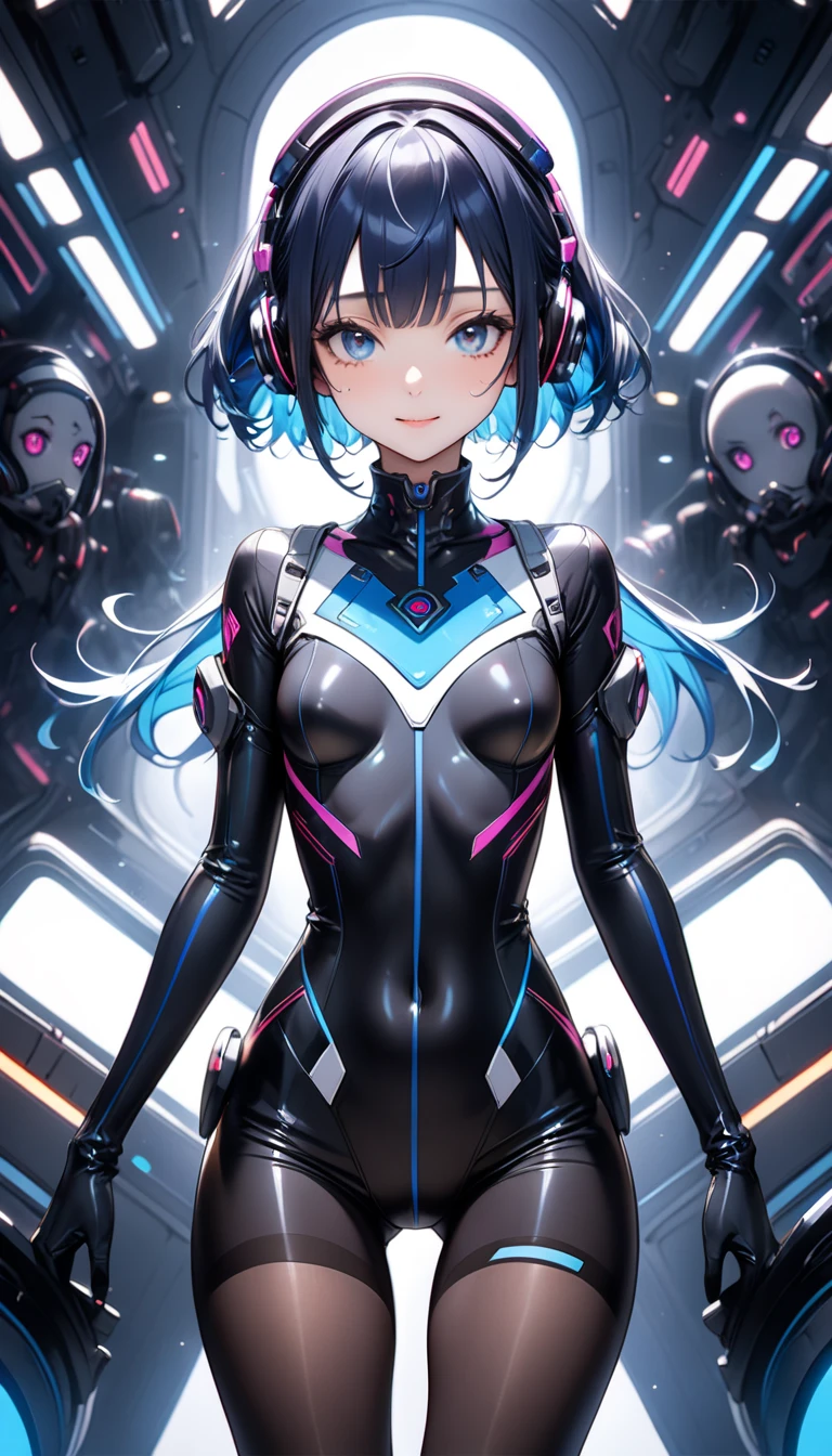 a pregirl,with short black hair,Beautiful girls,future-tech,holographic projections,Bring headphones,There is a lot of high-tech equipment behind you,computers,Future humanity,System panel,Ultra-detailed CG,Exquisite facial features,Clear facial expressions,Detailed digital anime art,Digital anime art,High quality anime art style