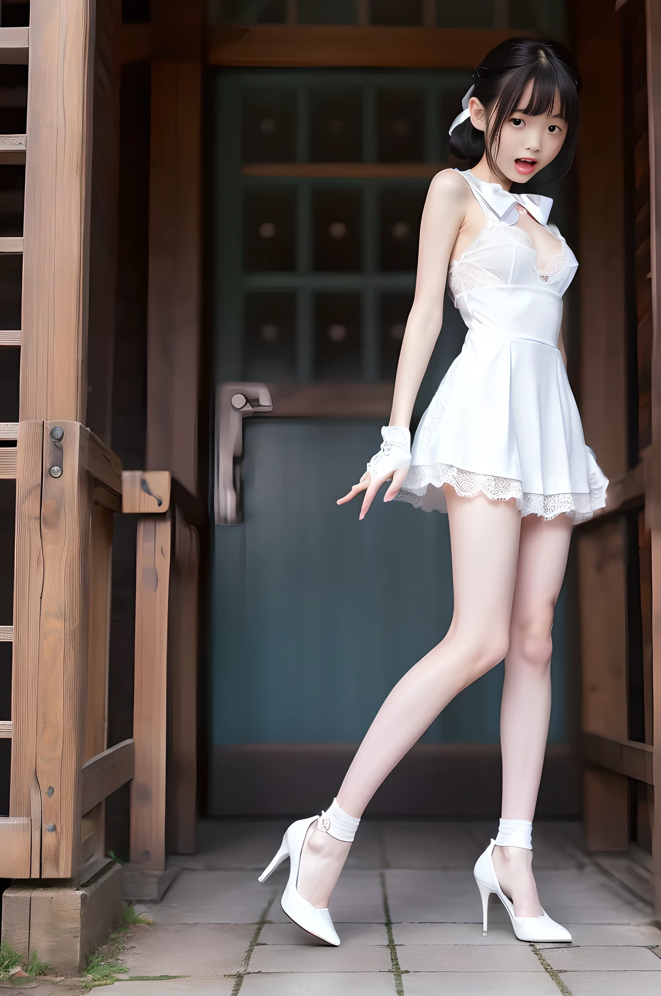 (((Full body portrait:1.5))),(very short pure white lace miniskirt),(female masturbation),(small breasts:1.5),(open mouth vertically),(very cute petite Japanese girl with a slender body and a baby face),(Short stature and skinny body),(short limbs),(extremely cute girls),(Pure white dress with a very short miniskirt),(white underwear),(thin thighs),(hands on buttocks),(drunk),(Frightened face),(Voyeur from the side),(facing forward),white hair ribbon,white lace gloves,white pumps,own home,Ultra high definition,Highest quality,high resolution,Extremely detailed depiction,super detailed skin