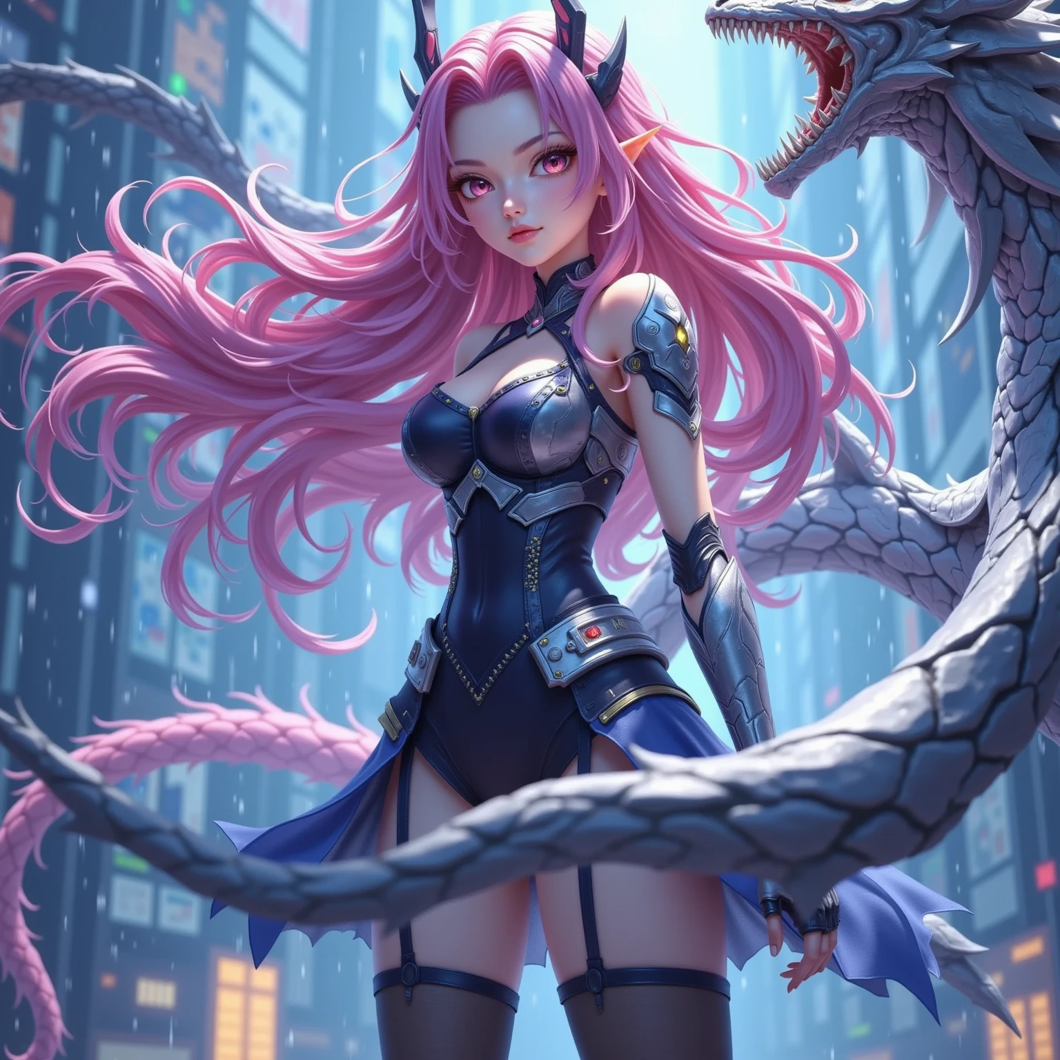 A fairy with dark pink, super long hair and stakes as well as snakes, black eyes, bright background, masterpiece, best quality, super detailed, high resolution, very detailed, 8k uhd, anime, (natural light), amazing, fine detail, best, high quality, RAW photo, full body photo