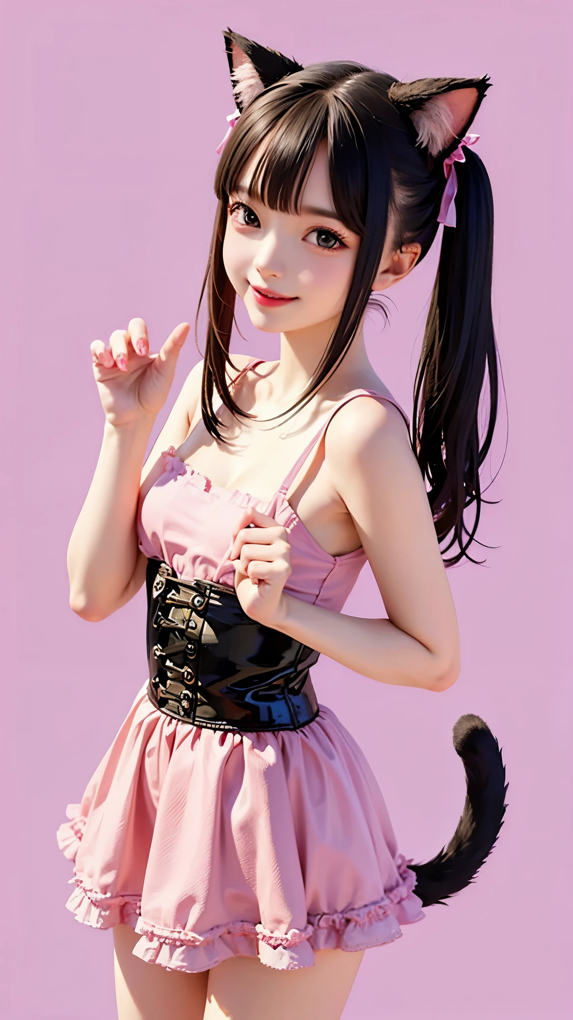 girl with cat ears and tail , smile, simple background , Cute Poses