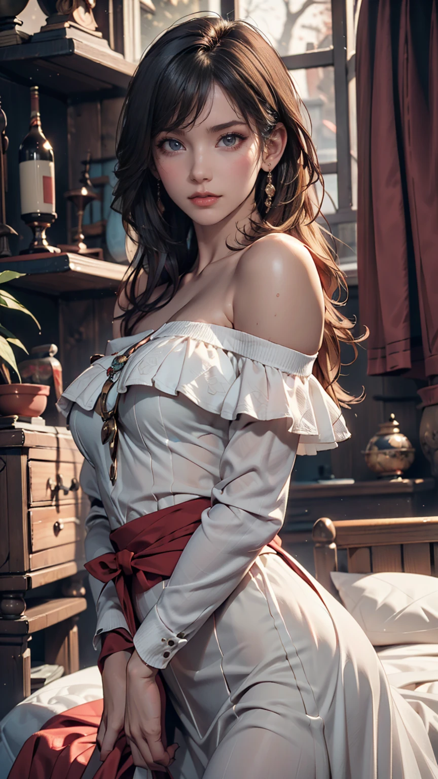 24-year-old female、Vertical roll on one side((side drill)) 、Silver Hair、Sexy proportions、Narrow waist、Erotic female body、Saggy breasts、Big Breasts、Nipple swelling emphasis、mature female body、Light pink blouse with lace(The size of her breasts is so big that the buttons are about to come off))、Garter skirt((garter skirt))、Stiletto heels、smile