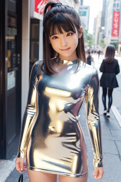 15-year-old idol、age is 15 years old、highest quality、masterpiece、ultra high resolution、RAW photo、(Photoreal:1.4)、1 girl、very cute、 adorable、 shiny skin, sexy,(face without makeup:1.3)、 (Metallic gold dress made of super reflective PVC material:1.7)、very attractive 、(Short ponytail hairstyle:1.3)、The arms are bare skin、Photographed from the front、common poses、Accurate finger depiction,PVC metallic gold dress、super tight silhouette dress、super tight skirt、smile、Perfect bright lighting、Real face without makeup、full body photo、beautiful black hair、Hair color is black、round jawline、full body photo、japanese girl、(super short tight skirt:1.3)、Mirror-smooth metallic gold、(Photographed in the city:1.3)