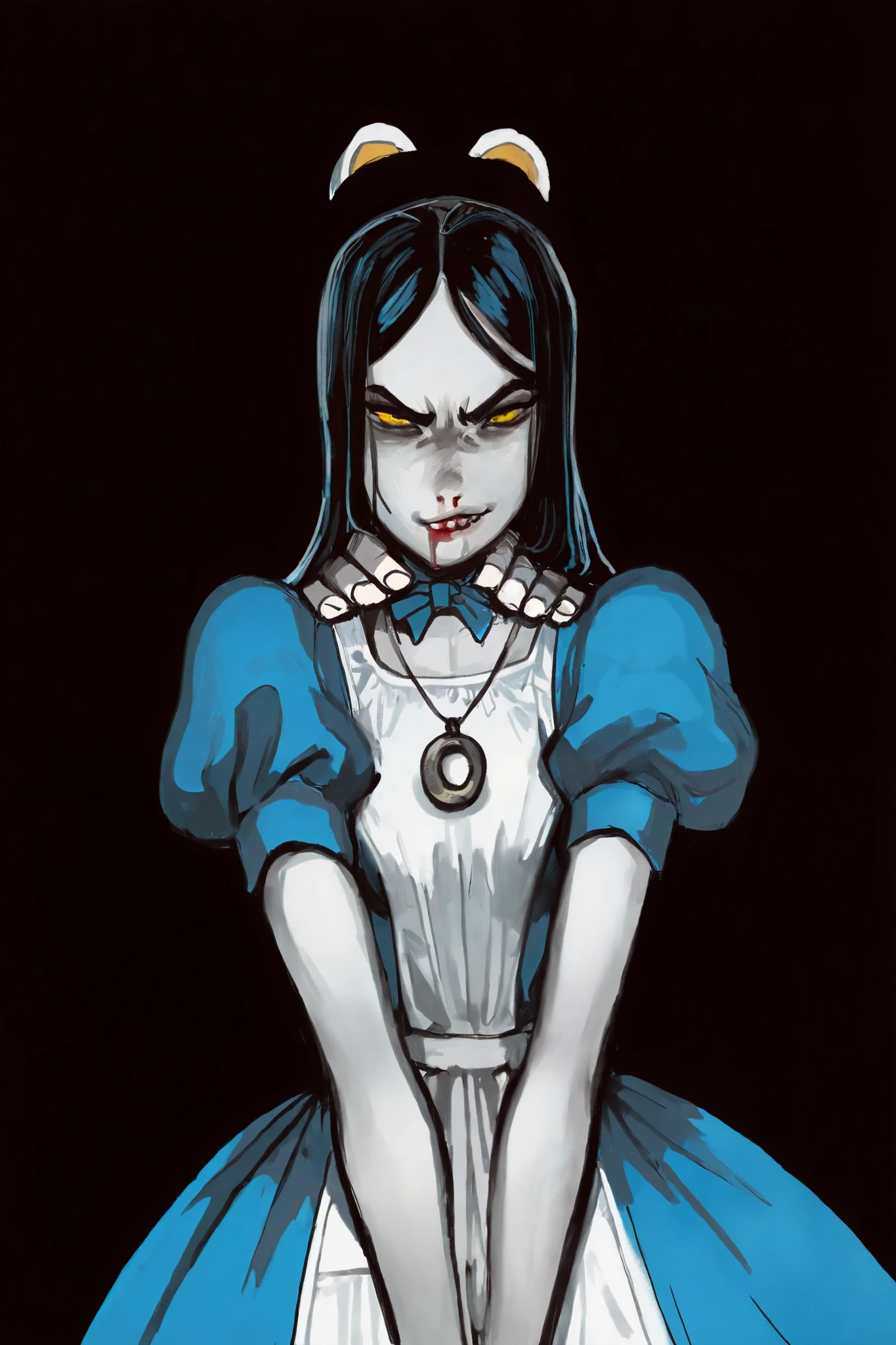 masterpiece,best quality,good quality,newest,very awa,absurdres,highres,cannedmos, mcgeealice, blue dress, puffy short sleeves, white apron, necklace, 1girl, smirk, narrowed eyes, black hair, hands around neck, being strangulated, messy, nose bleed, sharp teeth, greyscale, yellow eyes, bowtie in hair. Centered, face focus, dark background, claustrophobic, intense,