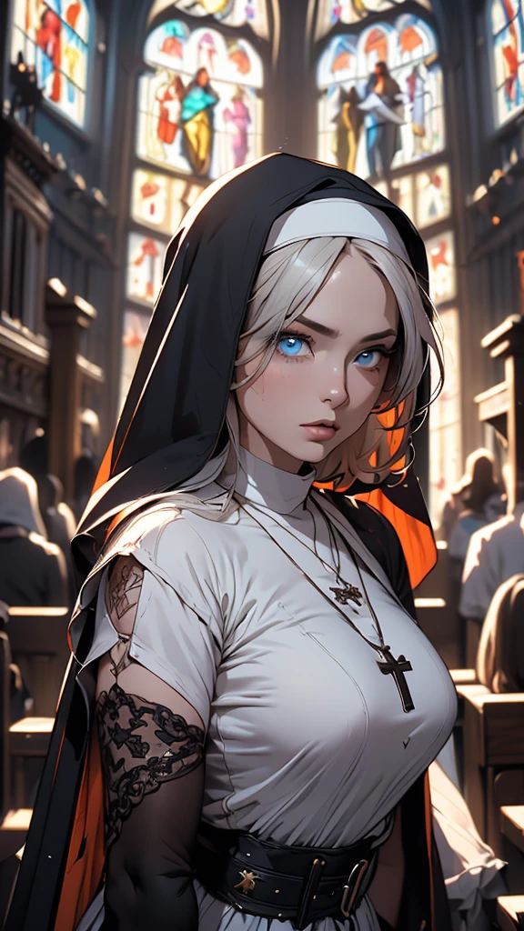 ((Simon Bisley)), (((nun))), ((((Mother))), (((nun))), Beautiful woman and sensual full body, 30 years old, muscular and perfect body, medieval warrior nun, two-piece outfit, tiny thong, large breasts, generous neckline, holding a huge sword, wearing a habit of made over her head, light green eyes, fantastic art outfit, brave face, medieval armor covering the arms,  Sexy pose, inside a church