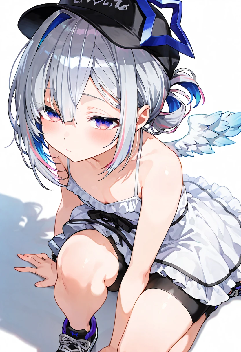 (muste piece), (best quality), (score_9, score_8_up, score_7_up), very detailed eyes, expressive eyes, perfect face, very detailed face, highly detailed face, beautiful girl, 8K, beautiful girl, white background, delicate and beautiful face and eyes, dark intense shadow, 1 girl, vtuber style, cool girl, hololive, amane kanata, star halo, solo, multicolored hair, purple eyes, armband, short hair, blue hair, grey hair, long sleeves, grey jacket, bob cut, white wings, black skirt, hair over one eye, frilled skirt, turtleneck dress, miniskirt, small chest,  arms up, armpit, bare arms, two hand behind head, smile, body visible through clothes, chest visible through clothes, ass visible through thighs, (full body), squatting, sweating, open legs wide, from below, pov crotch,