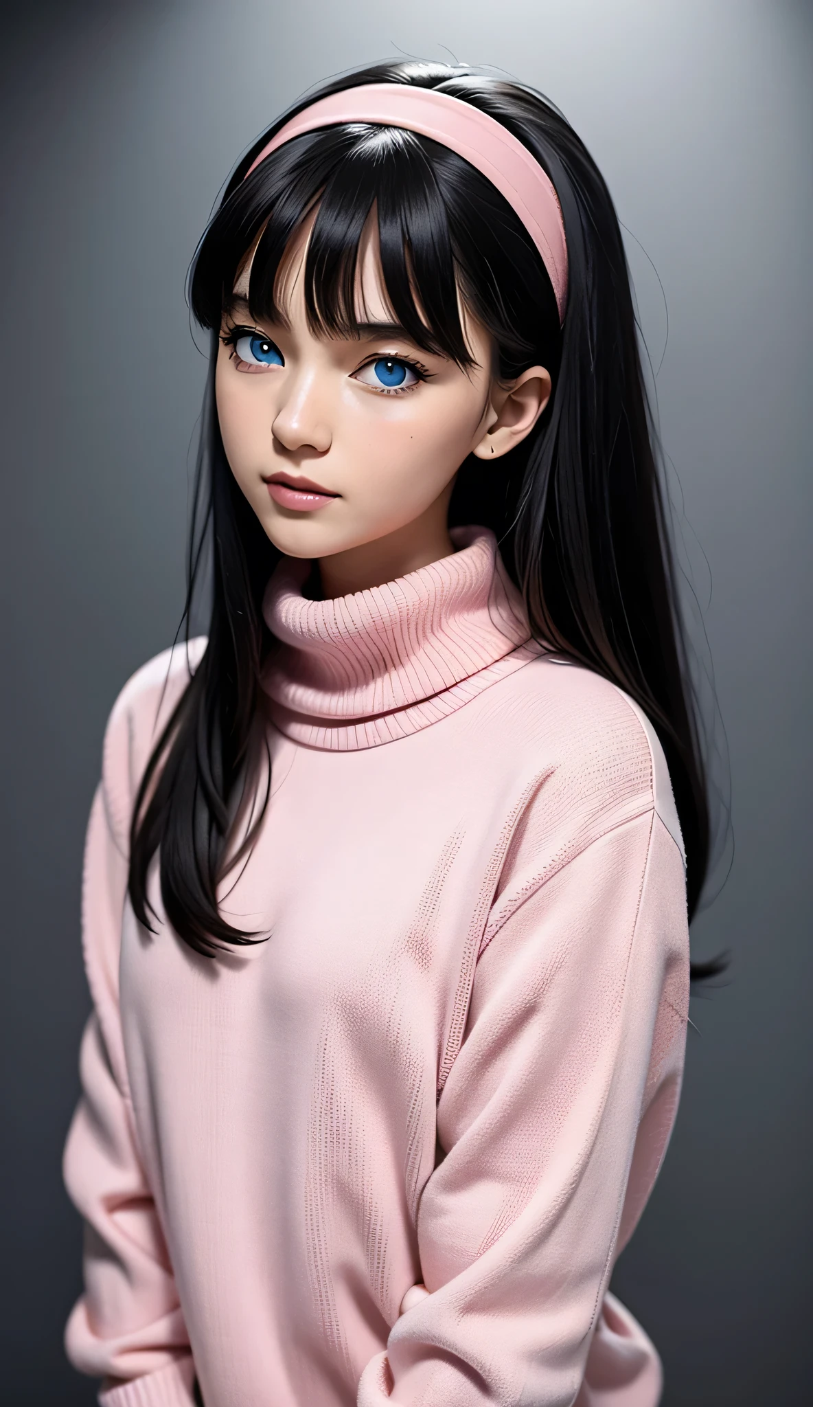 ultra-detailliert, (Real: 1.5), Very detailed, ultra-detailliert, Extreme Detail, High quality, Full body, Solo, 1 woman, Cute face, detailed eyes, detailed nose, (Exquisite facial features), Studio Lighting, tween, small breasts, blue eyes, black hair, long hair, straight hair, bangs, pink headband, pink turtleneck sweater, panties