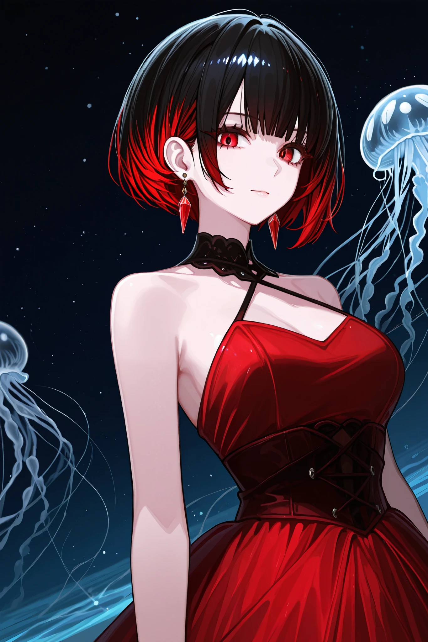 Appearences: Women, with long jellyfish haircut and black colour hairstyle, with a heigh of 170cm. Deep red eyes and wear one Ruby earring in her left ear. her outfit is more of a blackand red dress.
She has a slender waist with an hourglass body.