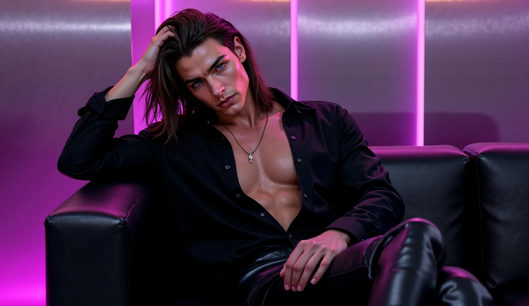 (8k, photo, best quality, masterpiece, erotic, homoerotic, looking at viewer:1.5), 1boy, androgynous male, depraved villain, lewd rapist, face, beautiful eyes, masculine crotch, friesian stallion