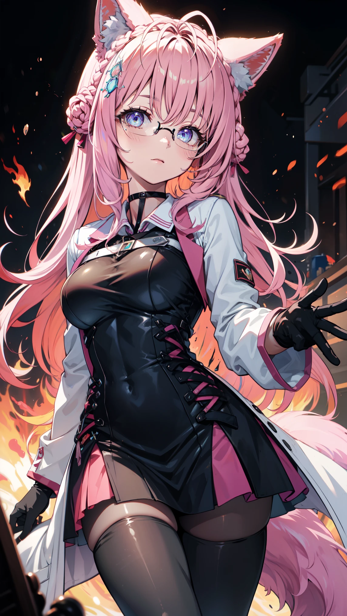  Imagine an 8k   ,      high resolution    , Movie,  search officer，A woman with a beautiful mature face and long pink hair,   animal ears  ,    a shiny black dress   ,     black leggings   ,  white coat, headdress,    glasses, Tail,  under dim lighting  ,   on a dark grey background   ，   black gloves  ，   background is an explosion   ，big Bang，fire，rnd1