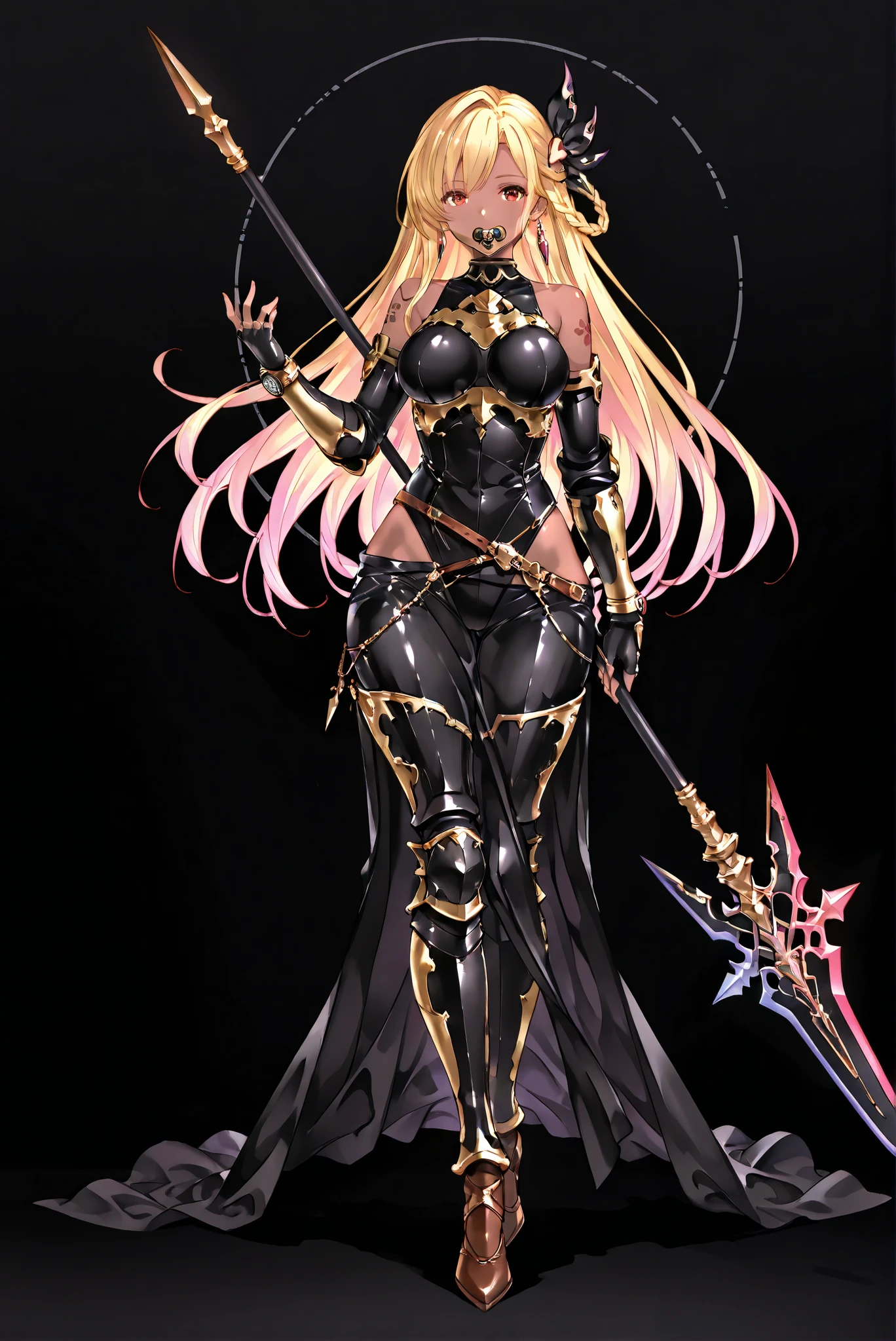of_HARP, cosplay, chest armor, clothing cutout, belt, bracers, leg armor, brown footwear, highleg leotard, armor, bare shoulders, fingerless gloves, bracers,jewelry, earrings,weapon, spear, holding weapon,
1girl , black rubber suit, large breasts, gauntlets, wide hips
( stands,whole body, high heels, front view,Standing picture:1.7),HoleHeels,oval/Circle/Thorn/Horn Heels,, Limited Color Palette, Black Background ,Colorful, vivid colors ,Flashing silhouette ,neon,black light ,watch, Masterpiece, very beautiful ,, shiny skin, black dress, backless dress, golden ornaments, arm tattoo, , Granblue_ fantasy, Helel_Ben_Shalem, dark skin, Blonde, long hair, braid, red eyes, pacifier,