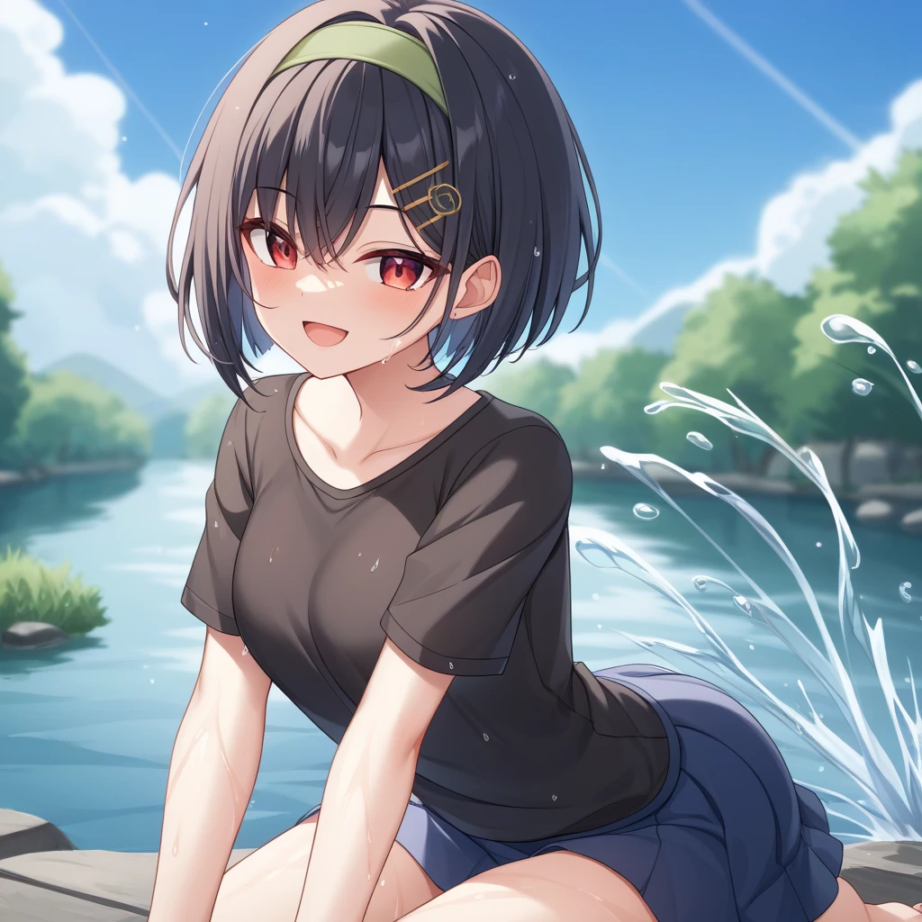 Japanese countryside,Paddy field,Get in the mud,smile,Are standing,close your eyes,1. small ,short hair,Black Hair,blush,Navy blue school swimsuit,barefoot,White skin,From below,shy,Sweaty,Wet,PAW Pose,Mouth wide open,From below,