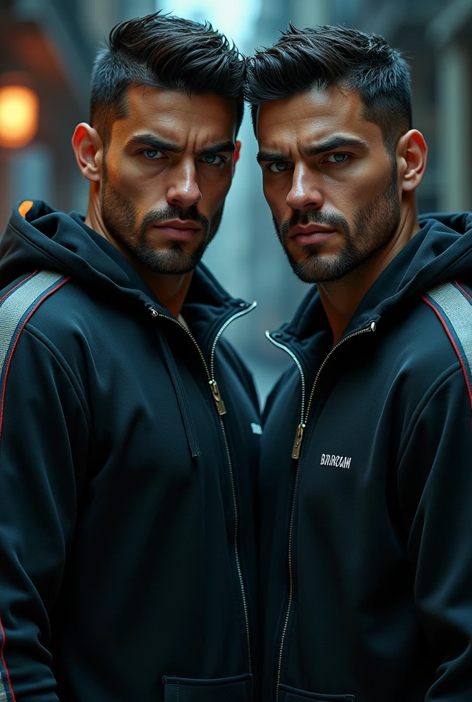 A muscular handsome man, extremely detailed face, perfect face, short hairstyle, looking at viewer romantically, orange jacket, black pants, shirtless, sexy look, smooth skin,