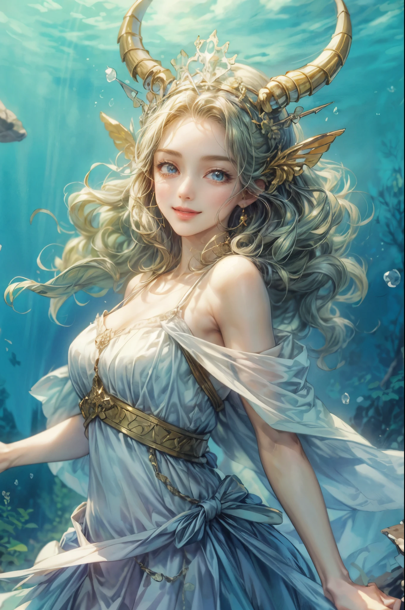 ( High quality , ultra detailed, careful with hand )Zodiac - Gemini goddess , similar to latin goodness , twin goddess , Curious, skillful, humorous, seductive, imaginative face , Sometimes impractical, restless, nervous, careless style , light brown eyes , light blonde hair , transparent dress , in the ocean with wind , whole body , flirty make up look ,