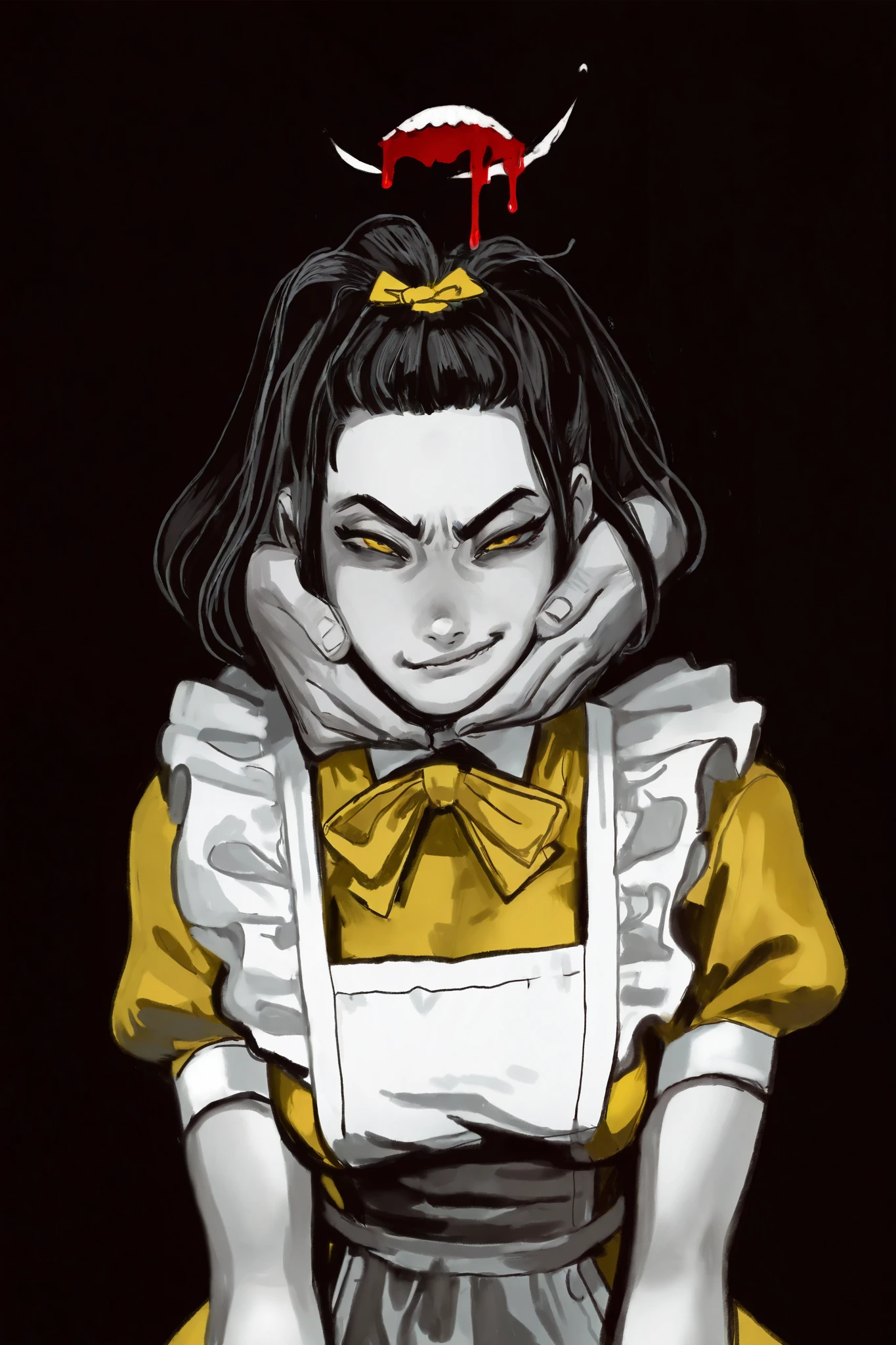masterpiece,best quality,good quality,newest,very awa,absurdres,highres,cannedmos, mcgeealice, dress, puffy short sleeves, white apron, face focus, necklace, 1girl, smirk, narrowed eyes, black hair, hands around neck, being strangulated, messy, nose bleed, sharp teeth, greyscale, yellow eyes, bowtie in hair. Centered, face focus, dark background, claustrophobic, intense,