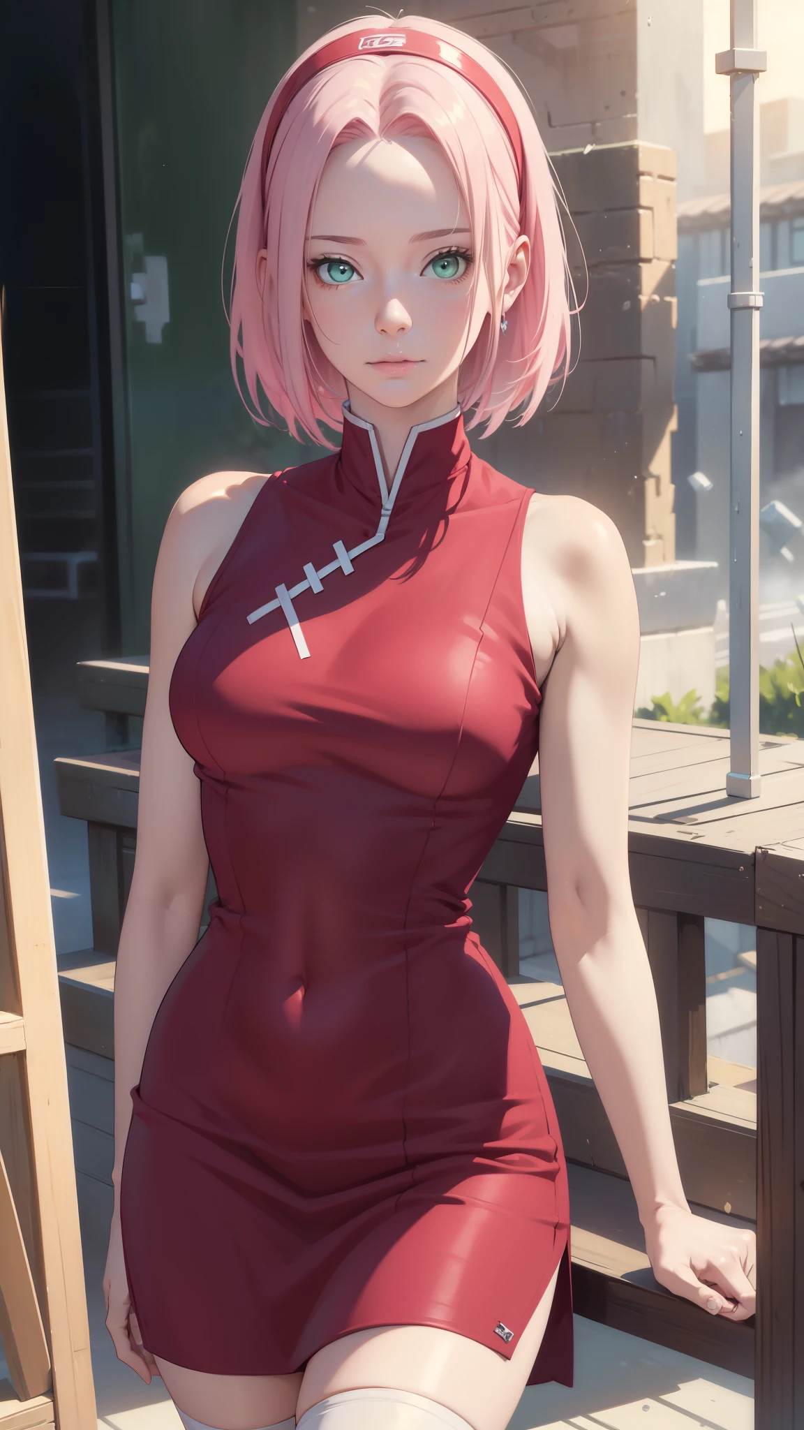 (Realistic lighting, Best quality, 16K, Masterpiece: 1.7)), Clear focus: 1.2, 1girl, Perfect Figure: 1.4, Slim Abs: 1.1, Extremely detailed CG8K painting, high color, Extremely high color saturation, All colors are deepened, painting, graffiti art, central composition,  film movie still、1girl in、It's standing、20 years、pale-skinned、innocent smiles、white stockings、((A detailed face))、(Detailed skin)、Moist with intricate details、Shallow depth of field、[volume fog、shot at 8k resolution、Sakura Haruno, A pink-haired,short detailed hair, Red headband, ((detailed transparent tight red dress)), Green eyes，Close-up, whole body, standing pose
