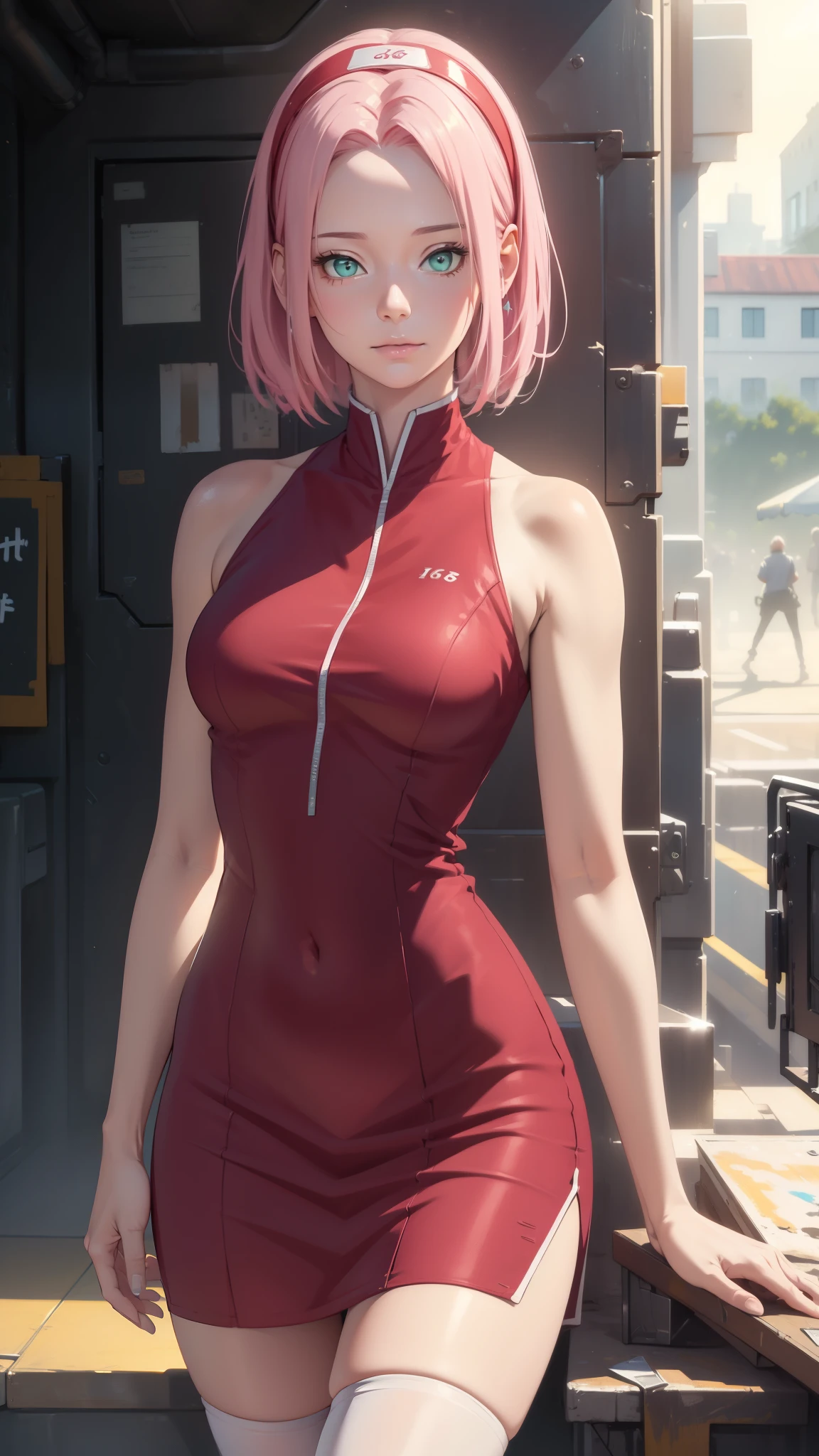 (Realistic lighting, Best quality, 16K, Masterpiece: 1.7)), Clear focus: 1.2, 1girl, Perfect Figure: 1.4, Slim Abs: 1.1, Extremely detailed CG8K painting, high color, Extremely high color saturation, All colors are deepened, painting, graffiti art, central composition,  film movie still、1girl in、It's standing、20 years、pale-skinned、innocent smiles、white stockings、((A detailed face))、(Detailed skin)、Moist with intricate details、Shallow depth of field、[volume fog、shot at 8k resolution、Sakura Haruno, A pink-haired,short detailed hair, Red headband, ((detailed transparent tight red dress)), Green eyes，Close-up, whole body, standing pose
