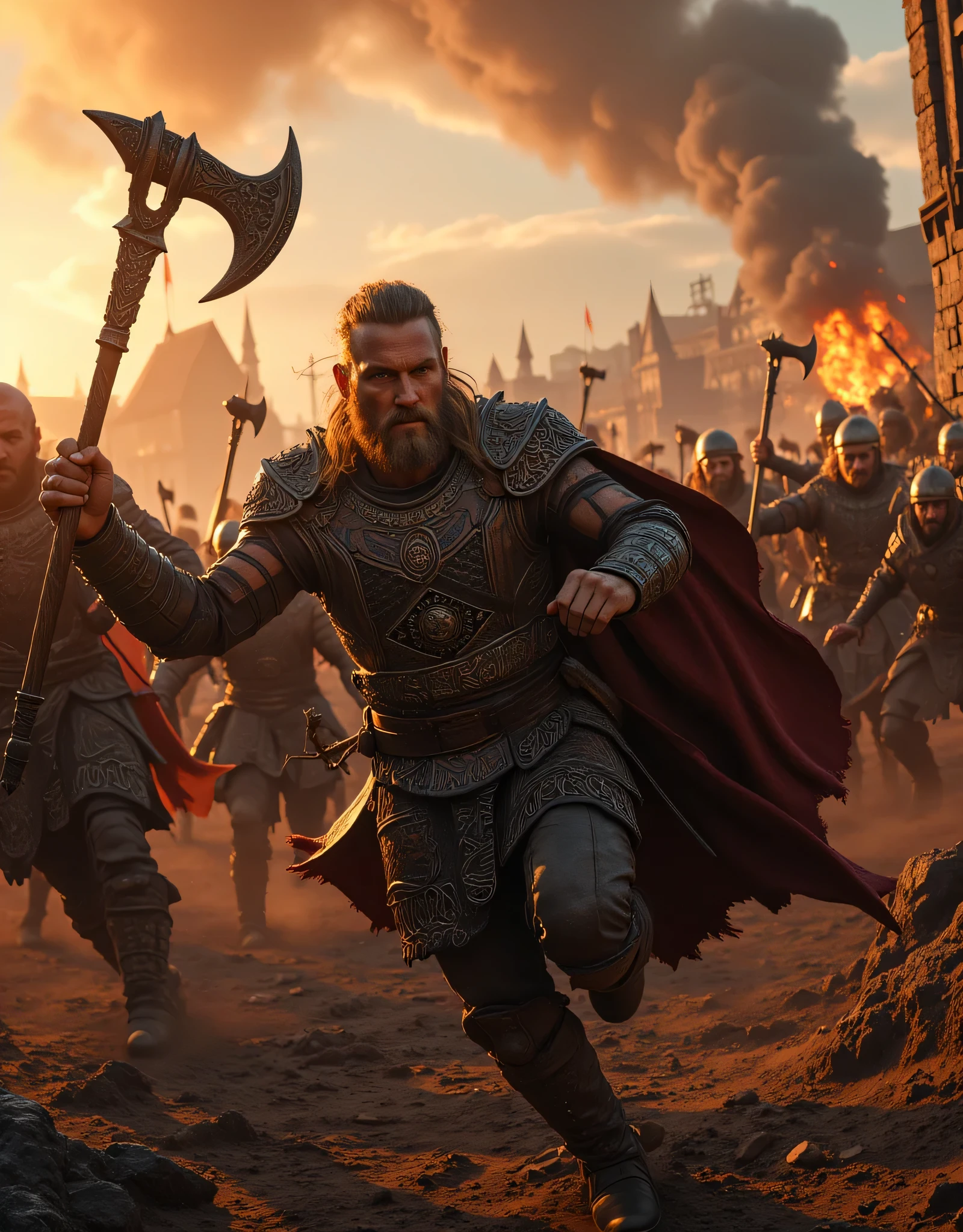 **Prompt:** Create an intricately detailed landscape scene of a Viking raiders tribe army during the medieval age, showcasing hyper-realism and a symmetrical composition. Capture the scene from an ultra-wide angle to immerse the viewer in this burning medieval village scenery. Illustrate the Viking raiders, clad in full armor, as they charge into battle with fierce determination, wielding intricately designed battle axes. Emphasize dynamic leading lines that guide the eye through the image, highlighted by a rich UHD ambiance and a mixed lighting concept that enhances the realism of their expressions. Pay special attention to accurate group of human anatomy, focusing on their hands as they charge for combat. Zoom out to reveal the entire battle unit in all its fierce, ensuring a depth of field that enhances the visual impact. Utilize state-of-the-art 3D CGI textures to vividly bring this Viking tribe to life in a visually stunning piece of FantasyPunkAi Artwork.