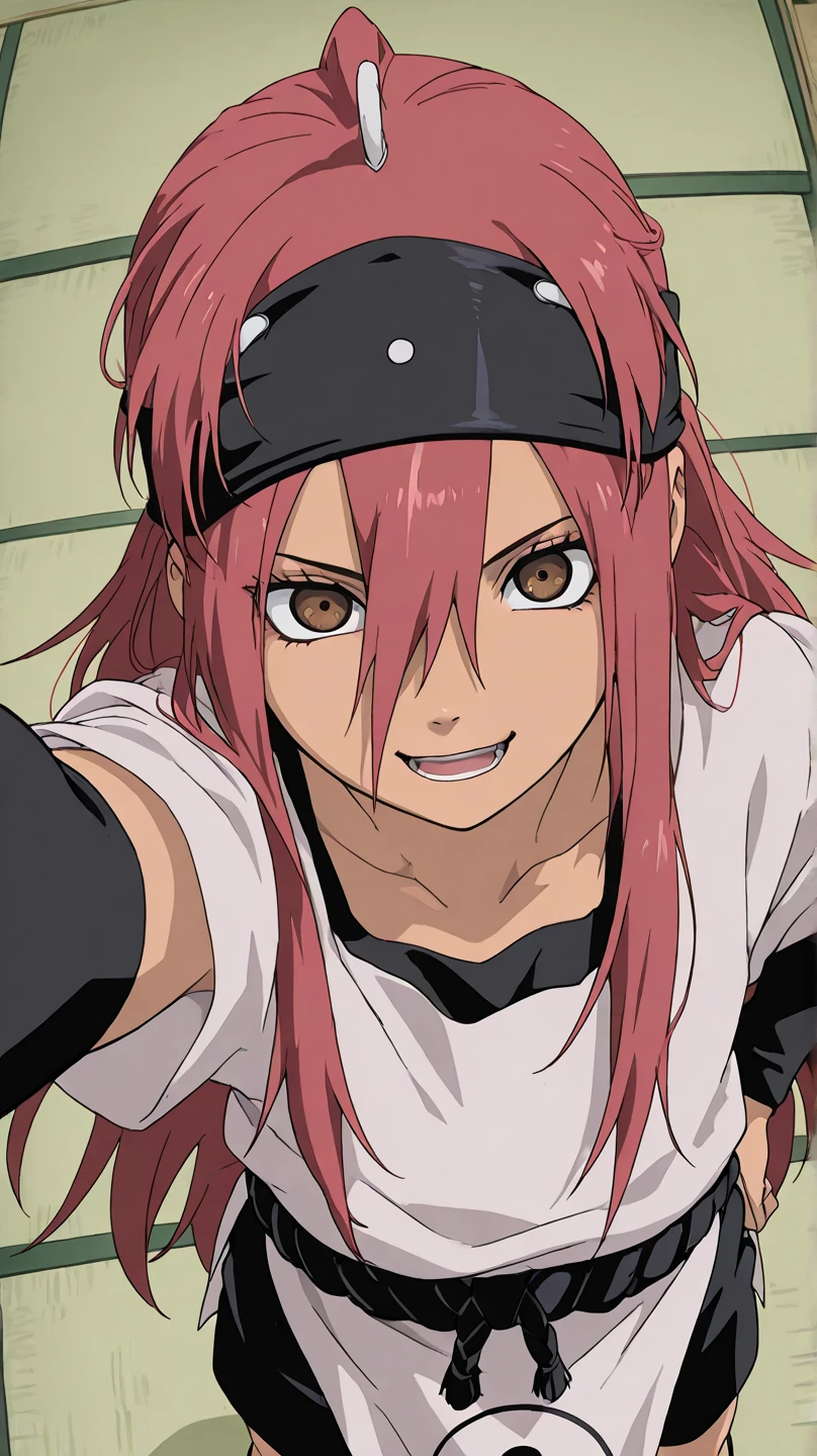 Tayuya,
High quality ,  best quality , masterpiece,  High Resolution , detailed face( LoRA: Tayuya),anatomically correct, detailed hair Style( LoRA: Tayuya),anime Coloring
solo, 1 girl
, red hair, long hair, brown eyes,
 tunic, black arm warmers, black shorts,
looking at viewer ,close up,from above,upper body
Japanese-style room,tatami
smile,open mouth