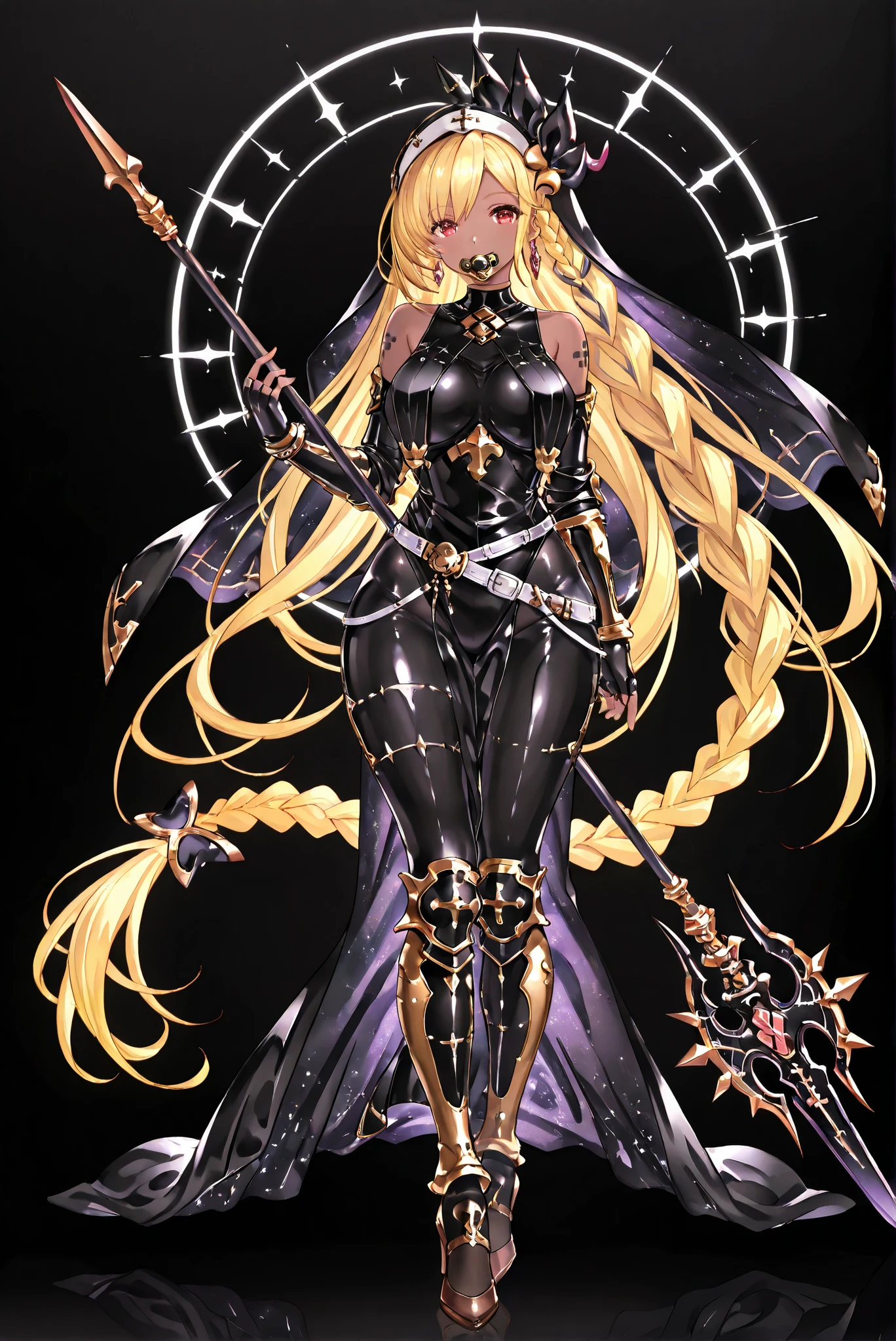 of_HARP, cosplay, chest armor, clothing cutout, belt, bracers, leg armor, brown footwear, highleg leotard, armor, bare shoulders, fingerless gloves, bracers,jewelry, earrings,weapon, spear, holding weapon,ruanyi0847,bodysuit,breast curtains,dress,nun,pantyhose,pelvic curtain


1girl, black rubber suit, large breasts, gauntlets, wide hips
（ stands，whole body， high heels， front view，Standing picture:1.7)，HoleHeels，oval/Circle/Thorn/Horn Heels，, Limited Color Palette, Black Background ,Colorful, vivid colors ,Flashing silhouette ,neon,black light ,watch,  Masterpiece,  very beautiful ,, shiny skin, black dress, backless dress, golden ornaments, arm tattoo, , Granblue_ fantasy, Helel_Ben_Shalem, dark skin, Blonde, long hair, braid, red eyes, pacifier,