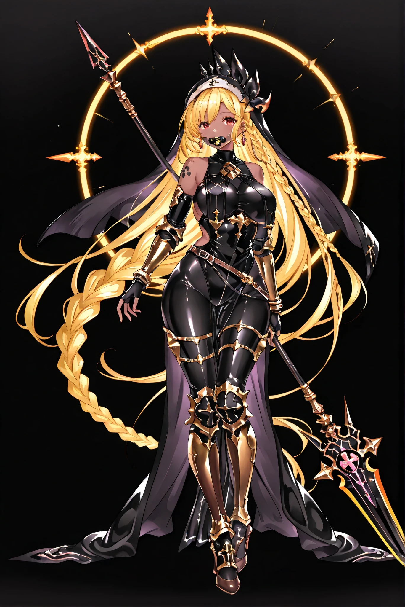 of_HARP, cosplay, chest armor, clothing cutout, belt, bracers, leg armor, brown footwear, highleg leotard, armor, bare shoulders, fingerless gloves, bracers,jewelry, earrings,weapon, spear, holding weapon,ruanyi0847,bodysuit,breast curtains,dress,nun,pantyhose,pelvic curtain
1girl, black rubber suit, large breasts, gauntlets, wide hips
( stands,whole body, high heels, front view,Standing picture:1.7),HoleHeels,oval/Circle/Thorn/Horn Heels,, Limited Color Palette, Black Background ,Colorful, vivid colors ,Flashing silhouette ,neon,black light ,watch, Masterpiece, very beautiful ,, shiny skin, black dress, backless dress, golden ornaments, arm tattoo, , Granblue_ fantasy, Helel_Ben_Shalem, dark skin, Blonde, long hair, braid, red eyes, pacifier,
