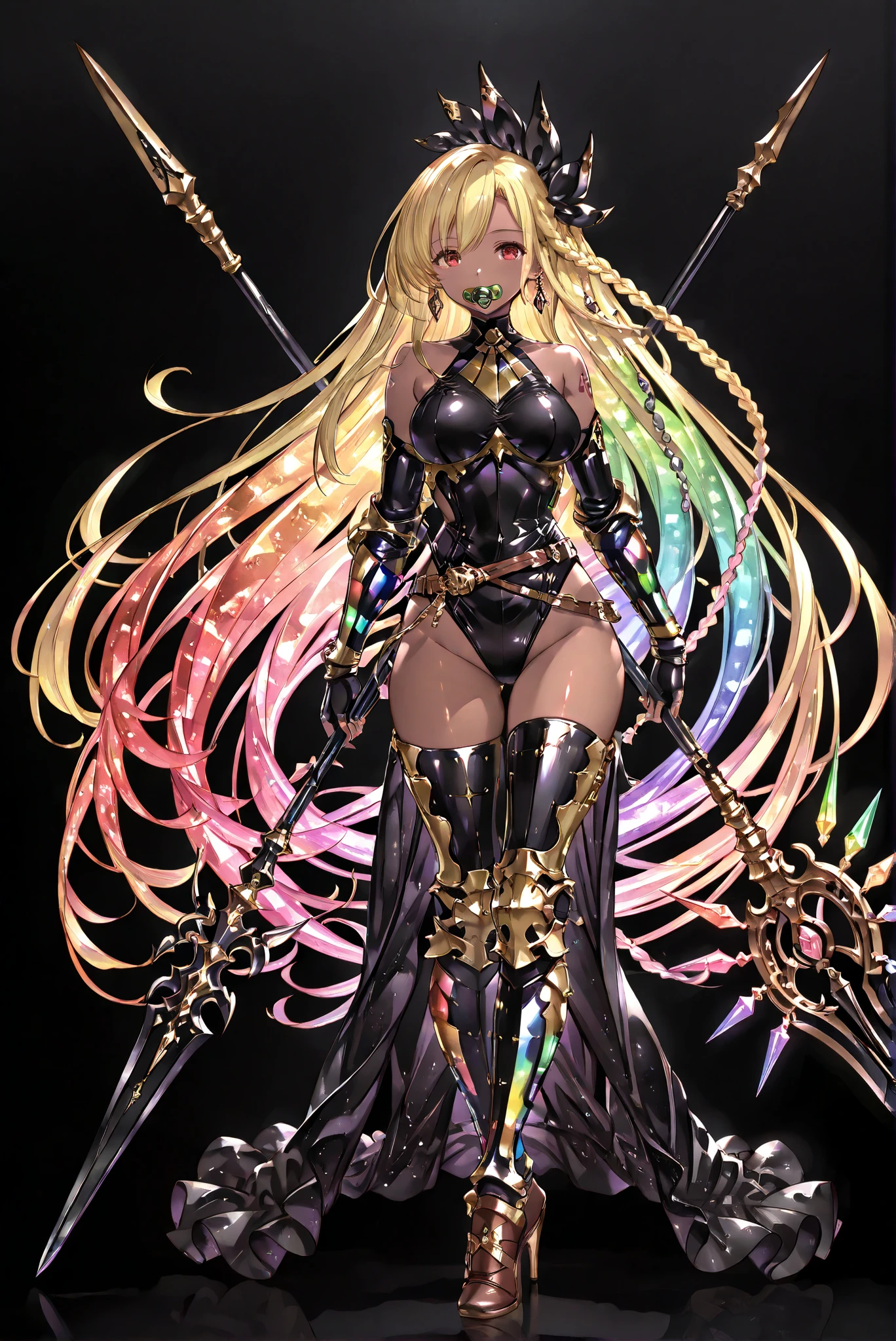 of_HARP, cosplay, chest armor, clothing cutout, belt, bracers, leg armor, brown footwear, highleg leotard, armor, bare shoulders, fingerless gloves, bracers,jewelry, earrings,weapon, spear, holding weapon,rainbow crystal outfit


1girl, black rubber suit, large breasts, gauntlets, wide hips
（ stands，whole body， high heels， front view，Standing picture:1.7)，HoleHeels，oval/Circle/Thorn/Horn Heels，, Limited Color Palette, Black Background ,Colorful, vivid colors ,Flashing silhouette ,neon,black light ,watch,  Masterpiece,  very beautiful ,, shiny skin, black dress, backless dress, golden ornaments, arm tattoo, , Granblue_ fantasy, Helel_Ben_Shalem, dark skin, Blonde, long hair, braid, red eyes, pacifier,