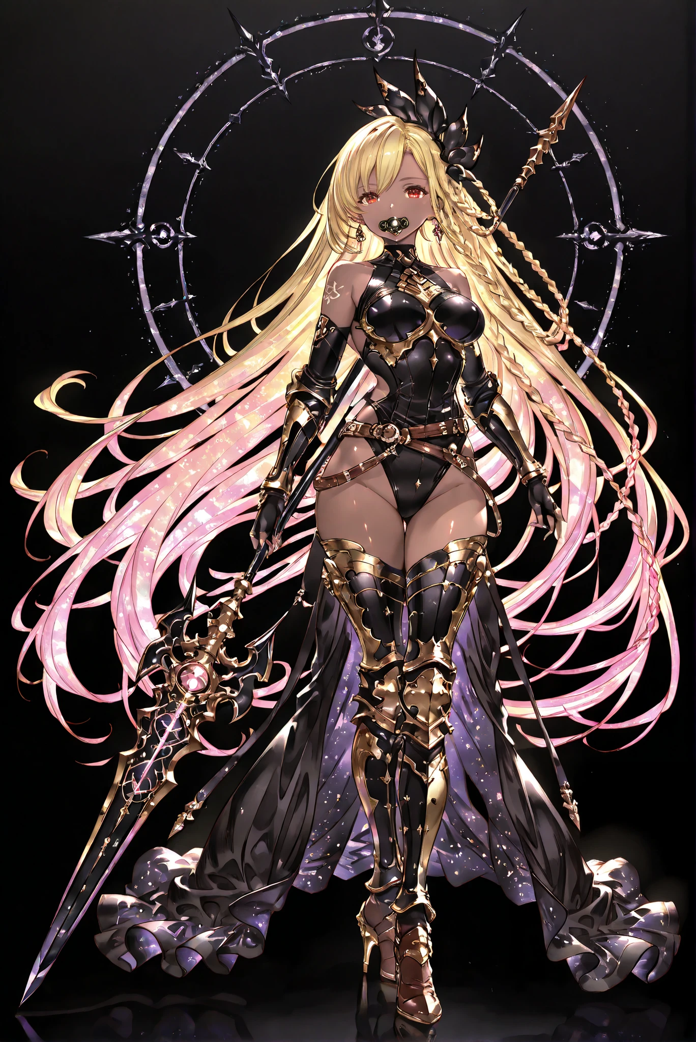 of_HARP, cosplay, chest armor, clothing cutout, belt, bracers, leg armor, brown footwear, highleg leotard, armor, bare shoulders, fingerless gloves, bracers,jewelry, earrings,weapon, spear, holding weapon,holy light armor


1girl, black rubber suit, large breasts, gauntlets, wide hips
（ stands，whole body， high heels， front view，Standing picture:1.7)，HoleHeels，oval/Circle/Thorn/Horn Heels，, Limited Color Palette, Black Background ,Colorful, vivid colors ,Flashing silhouette ,neon,black light ,watch,  Masterpiece,  very beautiful ,, shiny skin, black dress, backless dress, golden ornaments, arm tattoo, , Granblue_ fantasy, Helel_Ben_Shalem, dark skin, Blonde, long hair, braid, red eyes, pacifier,